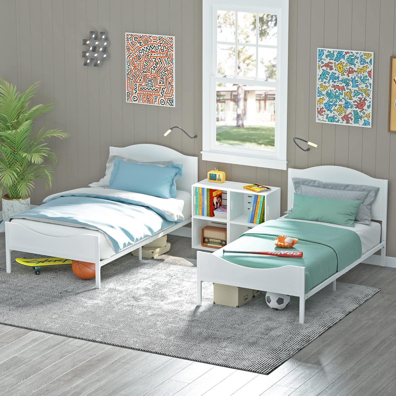 Timy Kids Twin Bed Frame with Wooden Headboard & Footboard - Sturdy Metal Platform Bed for Boys, Girls, Teens & Adults - Modern White Kids Furniture (No Box Spring Needed) - Perfect for Bedrooms, Guest Rooms & Dormitories