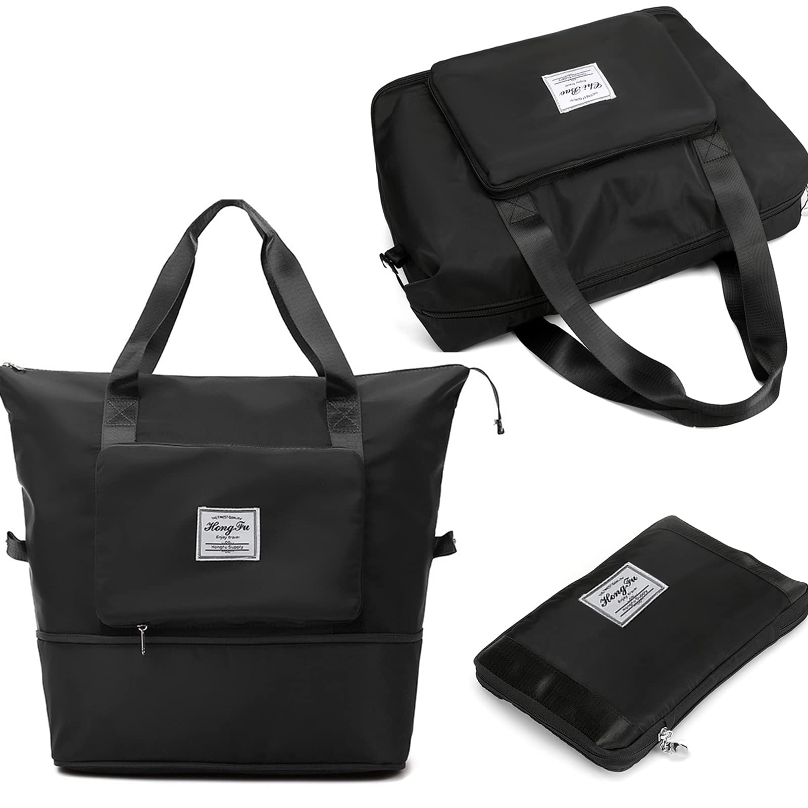 Expandable Travel Duffel Bag for Women - Waterproof Weekender Overnight Bag, Carry On Gym & Sports Tote with Foldable Design (Black) | Perfect for Weekend Getaways, Gym Workouts & Airplane Travel