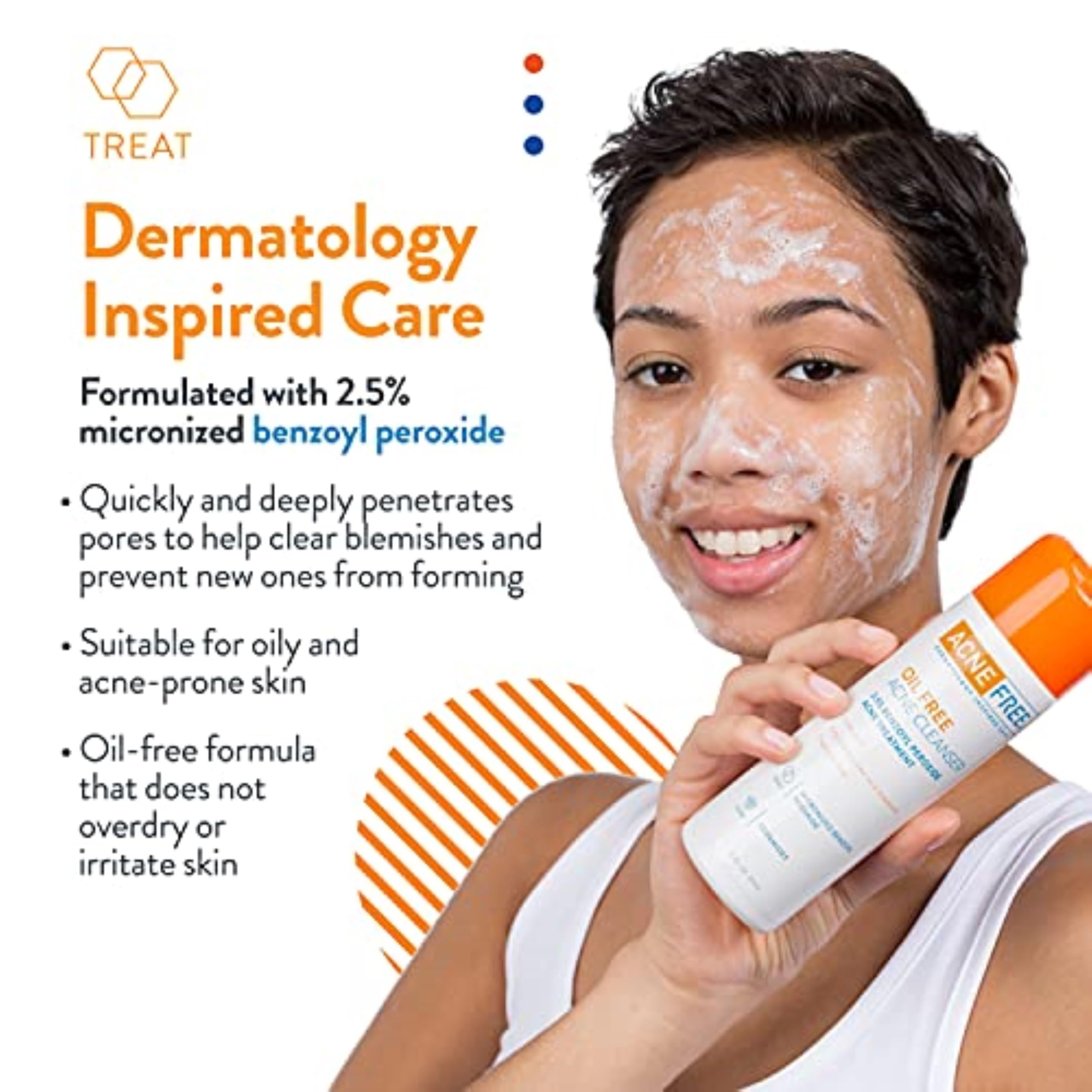 AcneFree Oil-Free Facial Cleanser with 2.5% Benzoyl Peroxide & Glycolic Acid - Acne Treatment & Prevention, Unscented 8 Fl Oz - Gentle Daily Wash for Oily, Acne-Prone Skin