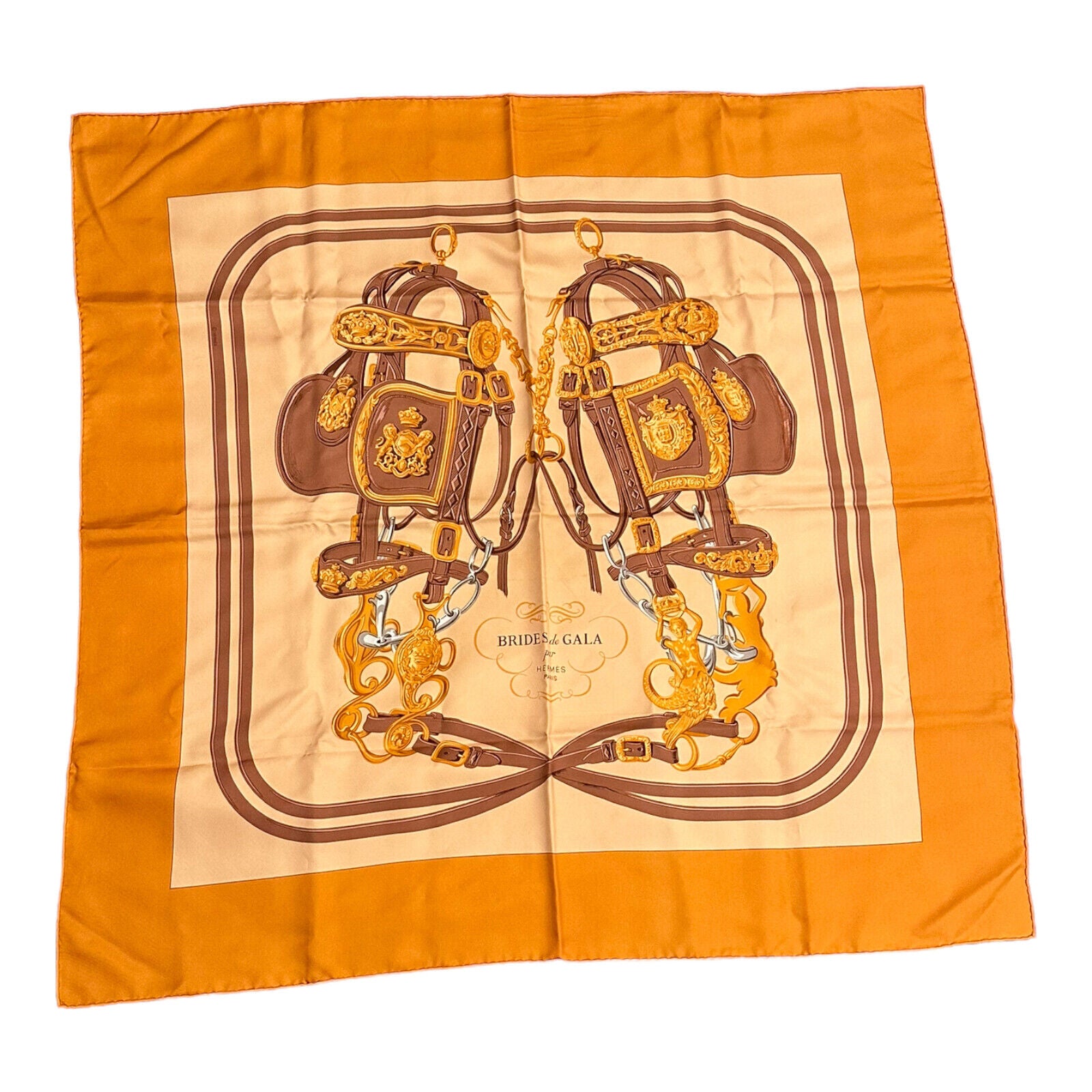 Authentic Hermes Brides De Gala 90cm Orange Brown Silk Scarf - Luxury Fashion Accessory for Women, Perfect for Gifts, Parties & Special Occasions