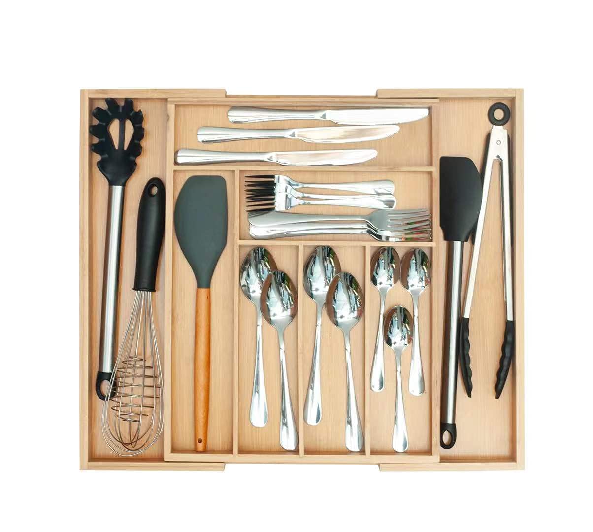 6-8 Slot Expandable Bamboo Drawer Organizer for Kitchen Utensils & Silverware | Natural Pure Bamboo Cutlery Tray | Perfect for Flatware Storage & Kitchen Drawer Organization