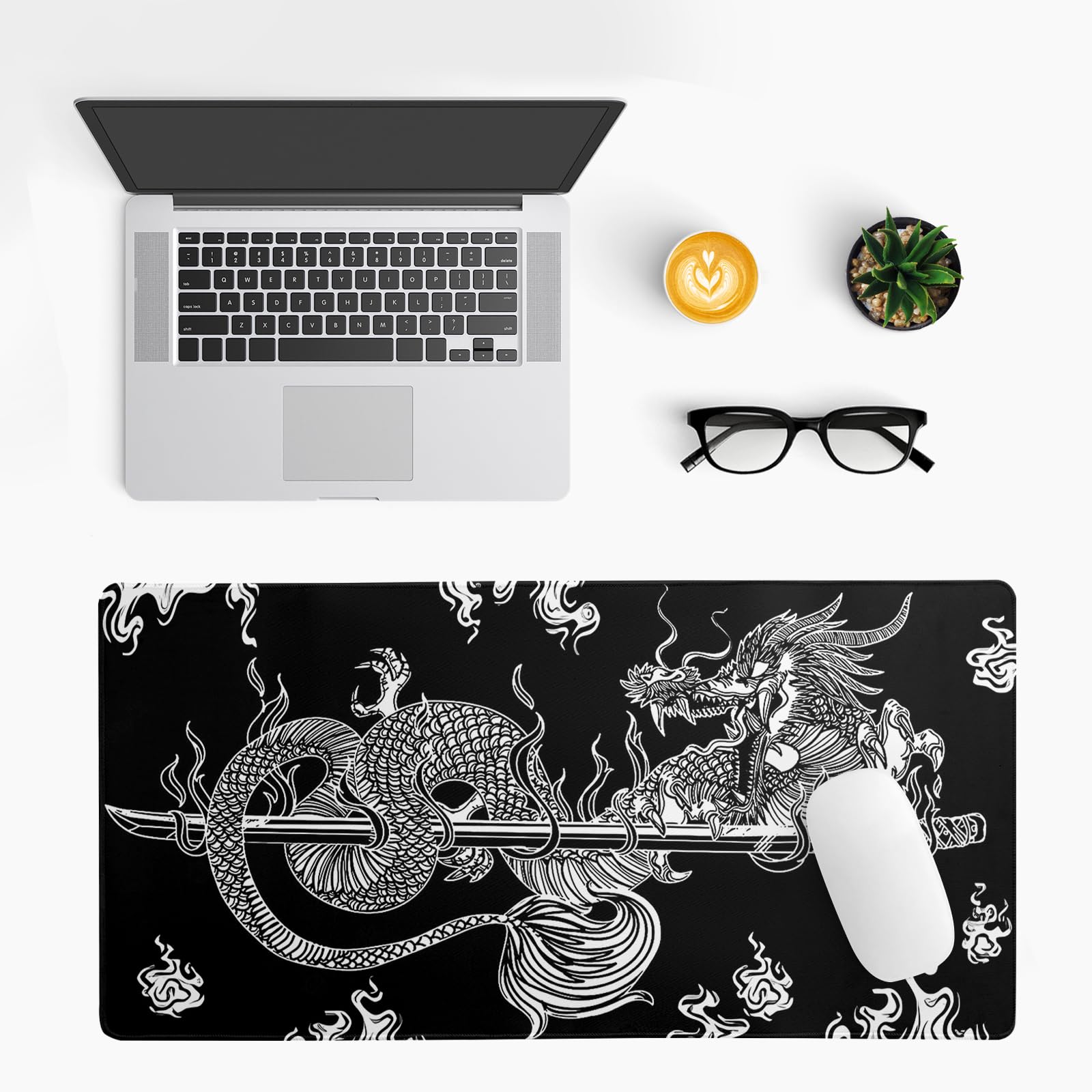 Premium Large Gaming Mouse Pad (27.6x11.8 Inch) - Non-Slip Base, Stitched Edges - Black Dragon Design Desk Mat for Keyboard & Mouse - Perfect for PC Gaming, Office Work & Home Computer Setup