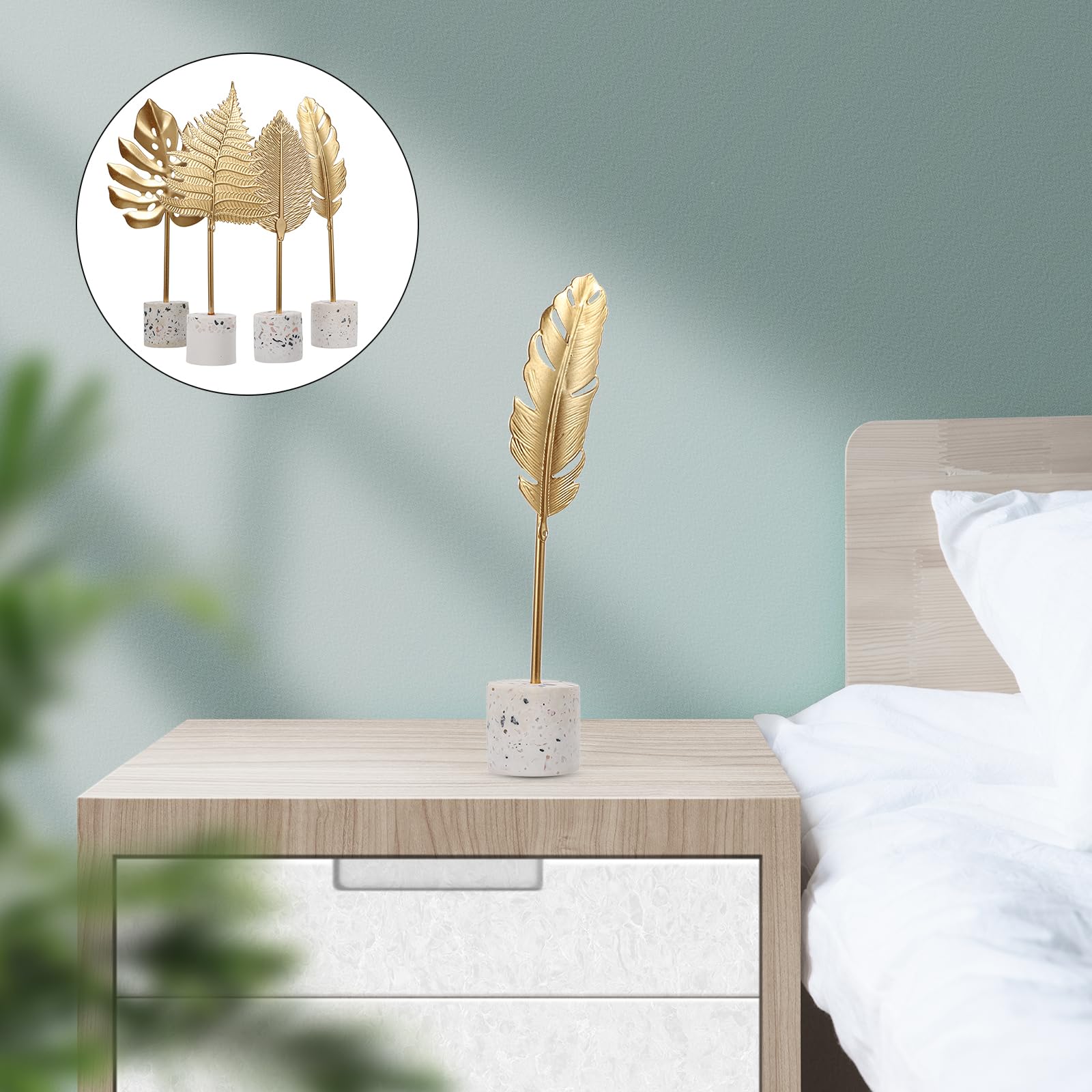 IMIKEYA 4pcs Gold Leaf Sculpture Statue Set with Metal Base - Elegant Home & Office Desktop Decor - Perfect for Living Room, Bookshelf, or Gift Giving