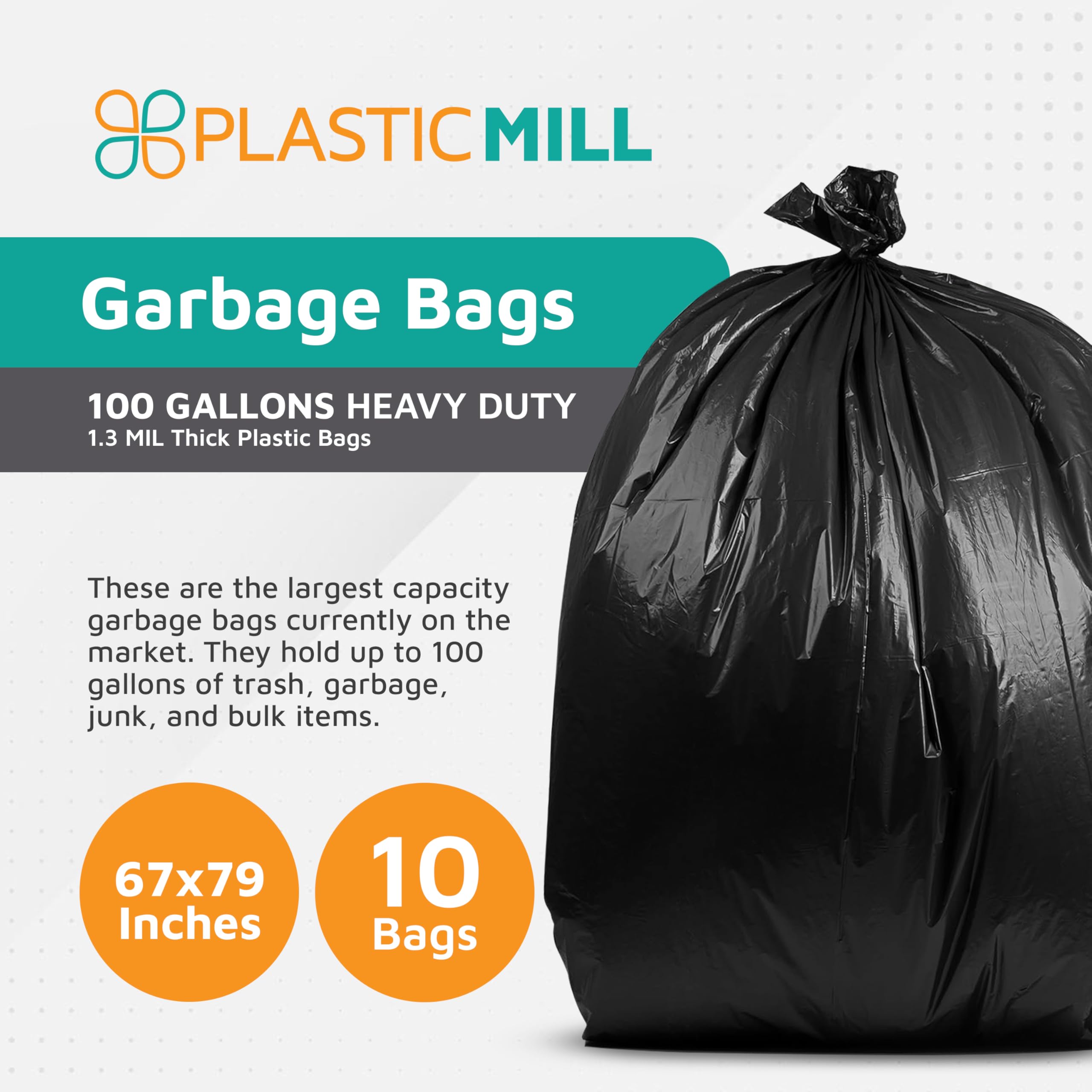 PlasticMill Heavy Duty Trash Bags - 100-Gallon Large Kitchen Garbage Bags (1.3 Mil, 67