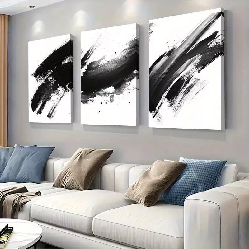 3-Piece Black and White Abstract Brushstroke Art Set - Framed Canvas 50x70cm (19.7x27.6in) - High Quality Print - 100% Australian Made - Ready to Hang Wall Decor for Living Room, Bedroom & Office