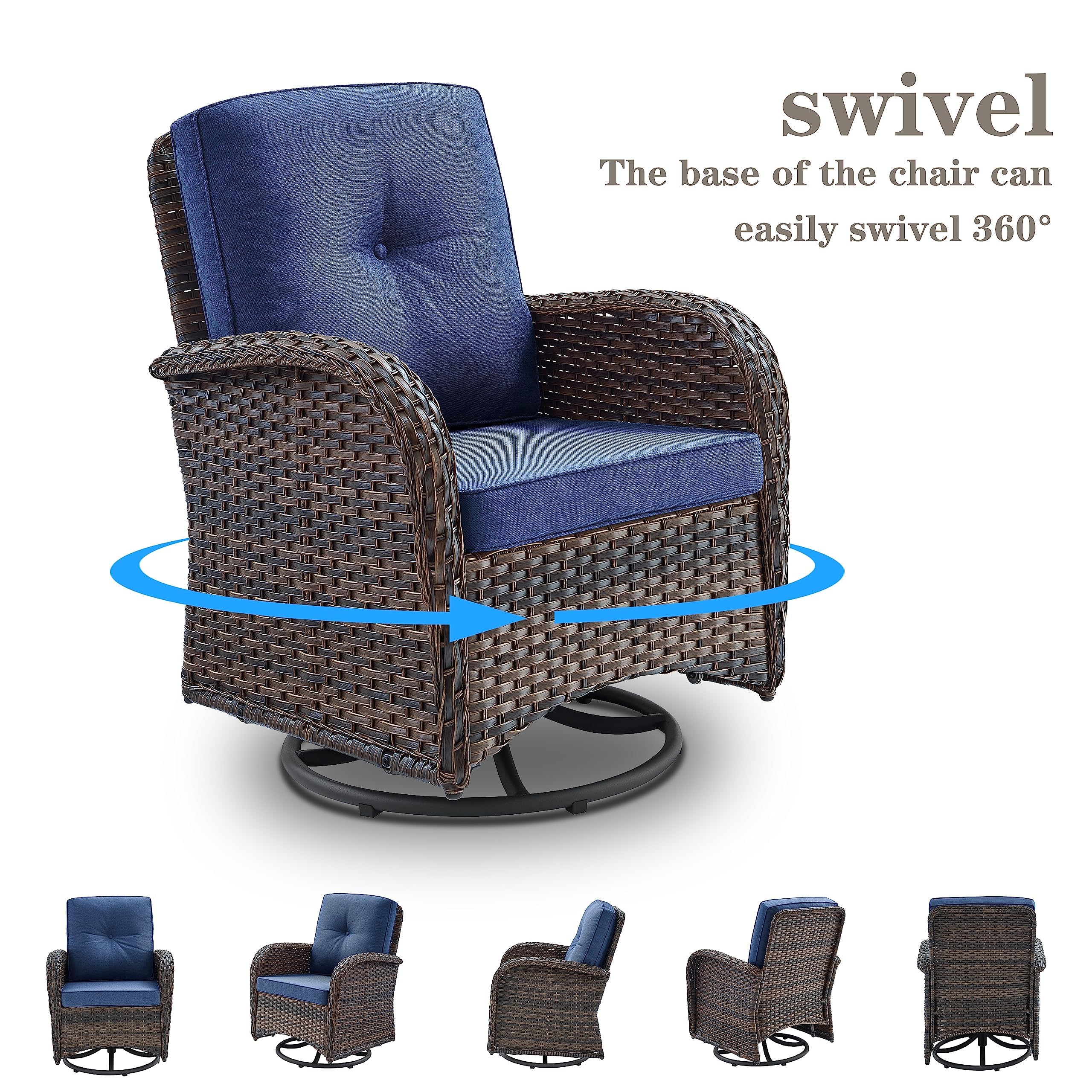 PE Wicker Patio Swivel Glider Chair with Cushions - Outdoor Rocking Chair for Porch, Deck & Balcony - Brown Wicker with Blue Cushion - Perfect for Relaxing, Sunbathing & Entertaining Guests