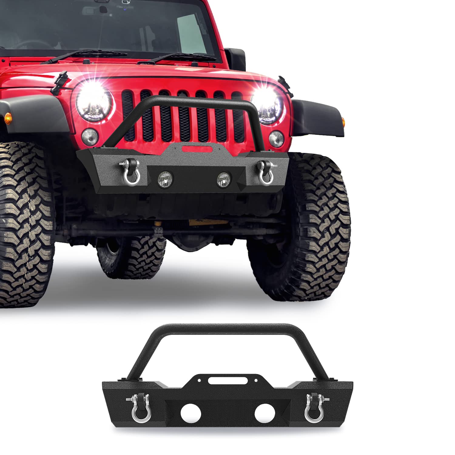 RYNOSKIN Heavy Duty Stubby Front Bumper for 2007-2018 Jeep Wrangler JK, 2018-2025 JL & 2020-2025 Gladiator (Excludes Rubicon/V8) | Fog Light Compatible with D-Ring Shackles | Off-Road Adventure & Trail Riding Upgrade