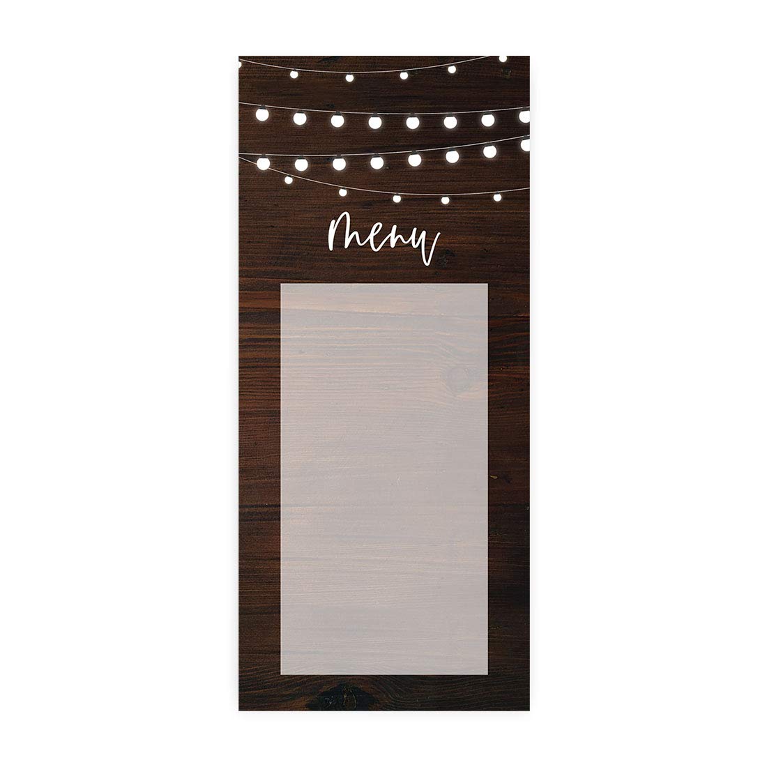 Rustic Wood String Lights Printable Wedding Menu Cards - DIY Printer Friendly Premium Cardstock (4x9 Inches, Pack of 56) for Table Place Settings, Programs, Rehearsals & Reception - Perfect for Rustic Weddings, Bridal Showers & Outdoor Events