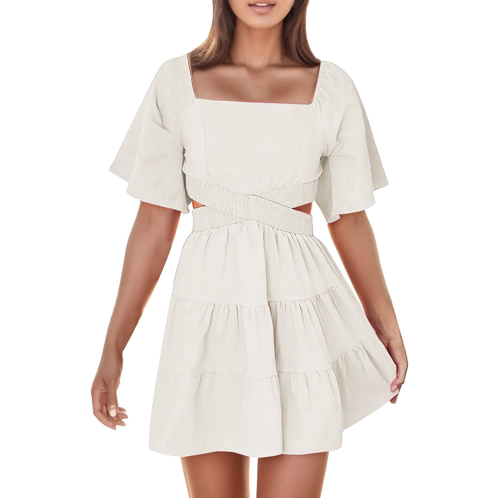 Women's Summer Square Neck Short Sleeve Crossover Waist Mini Dress - Casual Party Outfit for Beach, Vacation & Date Night