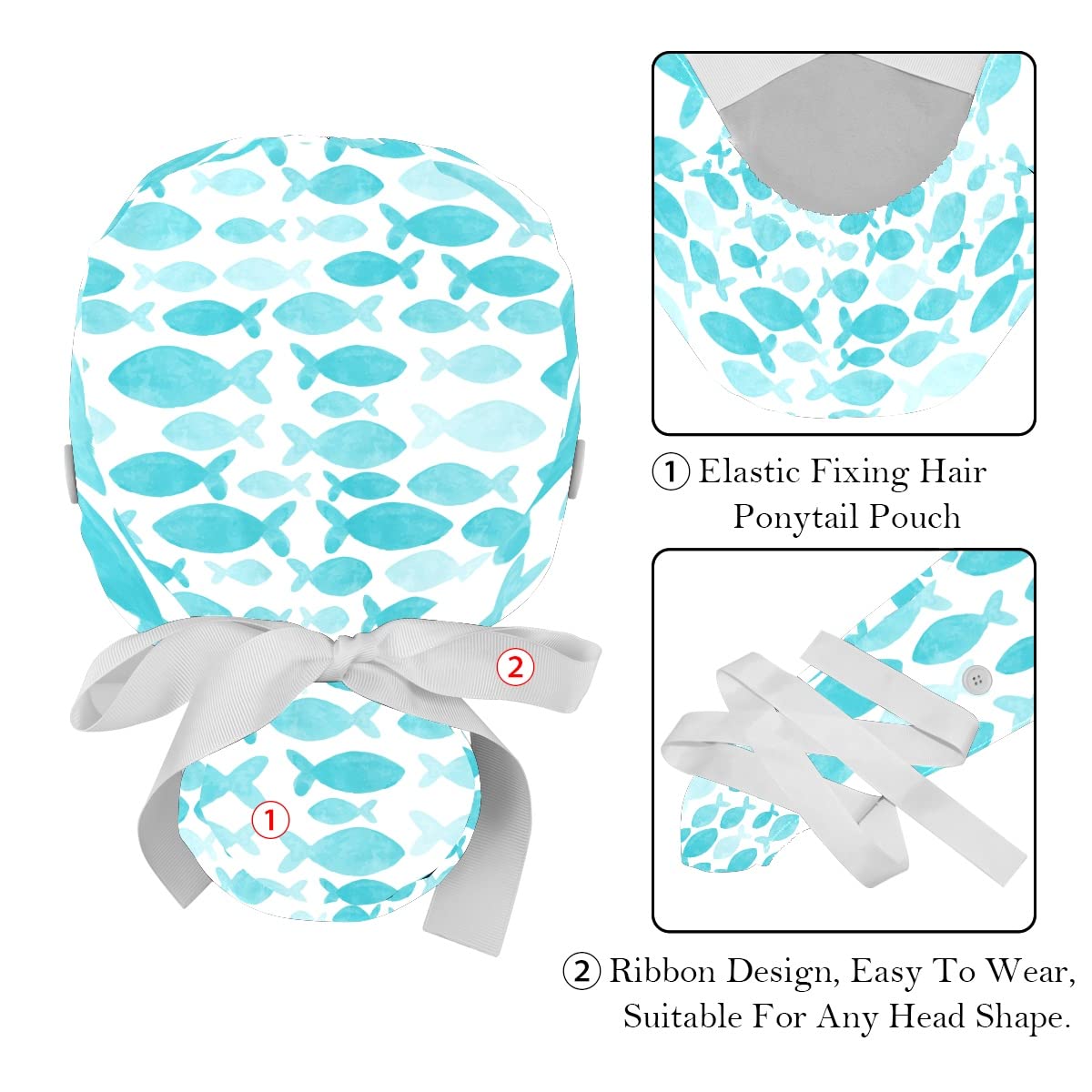 Cute Sea Mermaid Print Scrub Hats for Women & Men - 2 Pack Long Hair Surgical Caps with Button Closure & Sweatband - Unisex Tie Back Nurse Hats for Healthcare Workers, Doctors & Medical Professionals