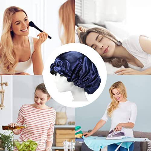 Adjustable Satin Silk Sleep Cap for Curly Hair - Reversible Double Layer Night Sleeping Hair Bonnet (Navy Blue) | Perfect for Protecting Hair While Sleeping & Traveling