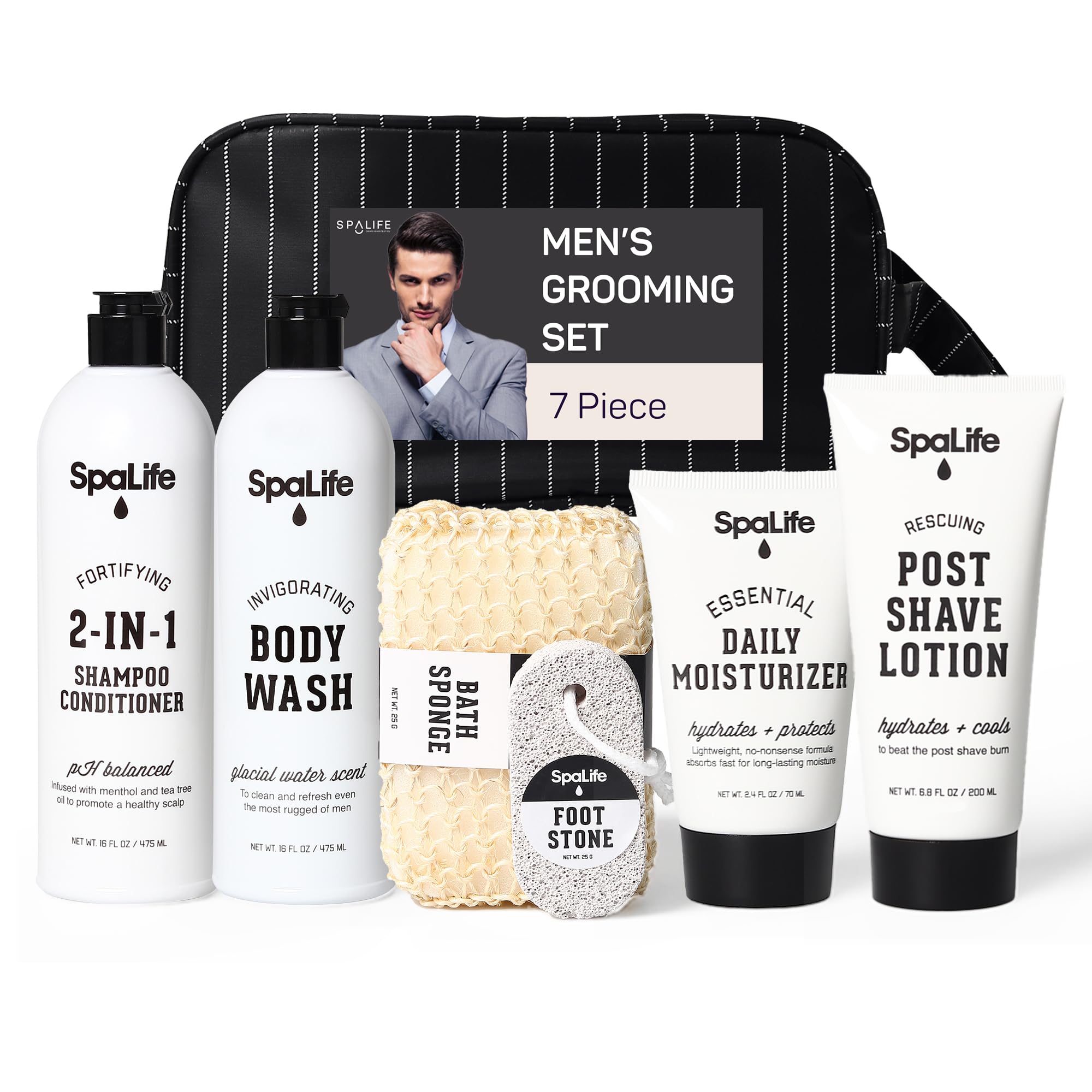 SpaLife 7-Piece Men's Grooming Gift Set - 2-in-1 Shampoo & Conditioner, Body Wash, Daily Moisturizer, Post-Shave Lotion, Bath Sponge & Foot Stone | Perfect for Home Spa, Self-Care Routine & Gifts for Men