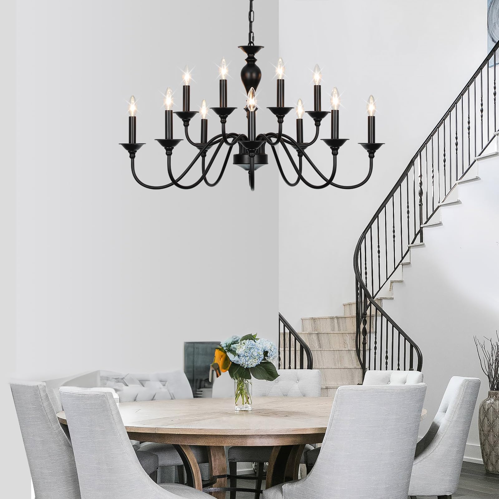 12-Light Black Farmhouse Chandelier - Industrial Candle Hanging Light Fixture for Dining Room, Kitchen Island, Living Room, Foyer & Staircase | Rustic Ceiling Lighting for Farmhouse Decor & Modern Homes