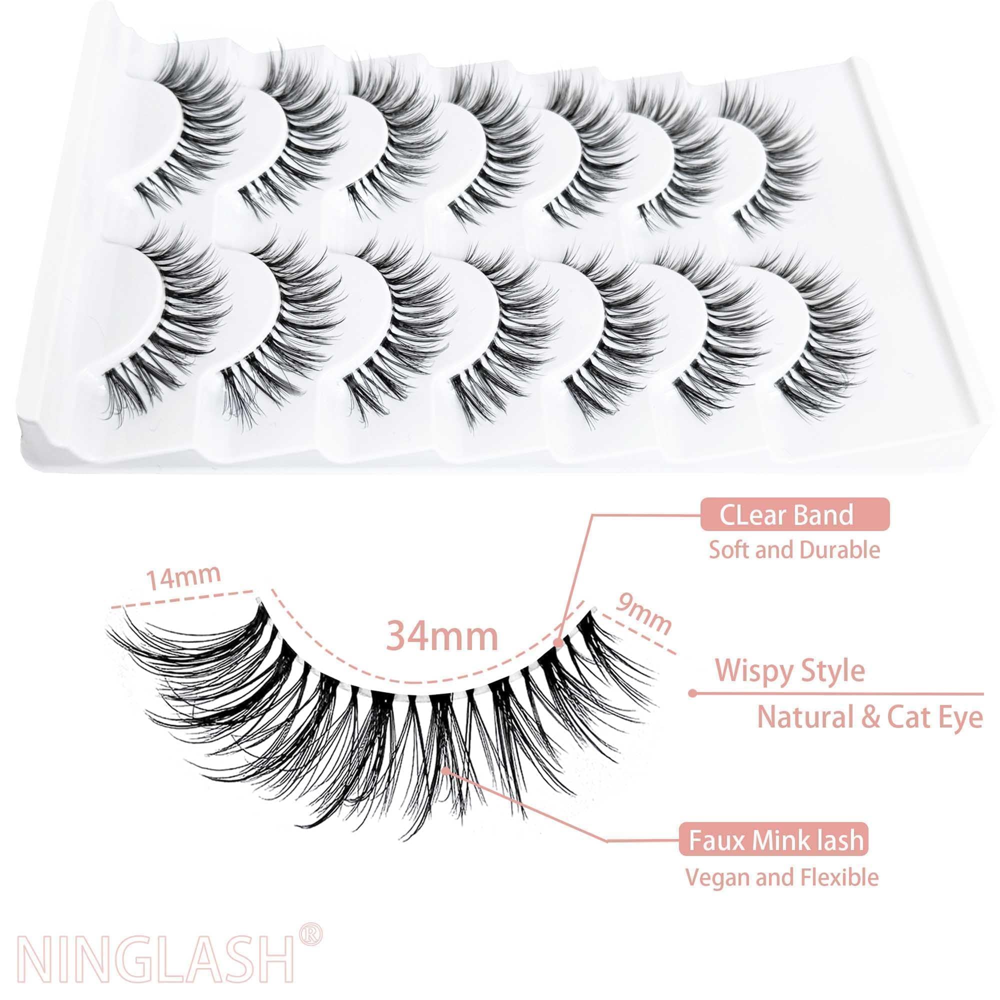 Natural Look Wispy False Eyelashes 14mm - 3D Faux Mink Lashes (7 Pairs) | Cat Eye Lash Strips for Everyday Wear & Special Occasions | NINGLASH