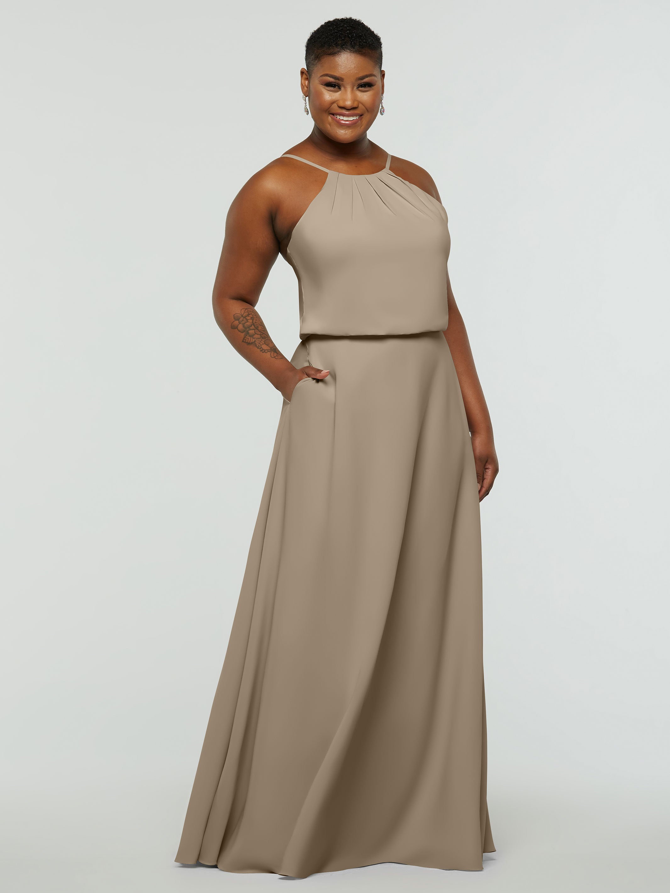 Elegant 83015 Stretch Chiffon A-Line Bridesmaid Dress with Halter Neckline - Perfect for Weddings, Formal Events & Special Occasions