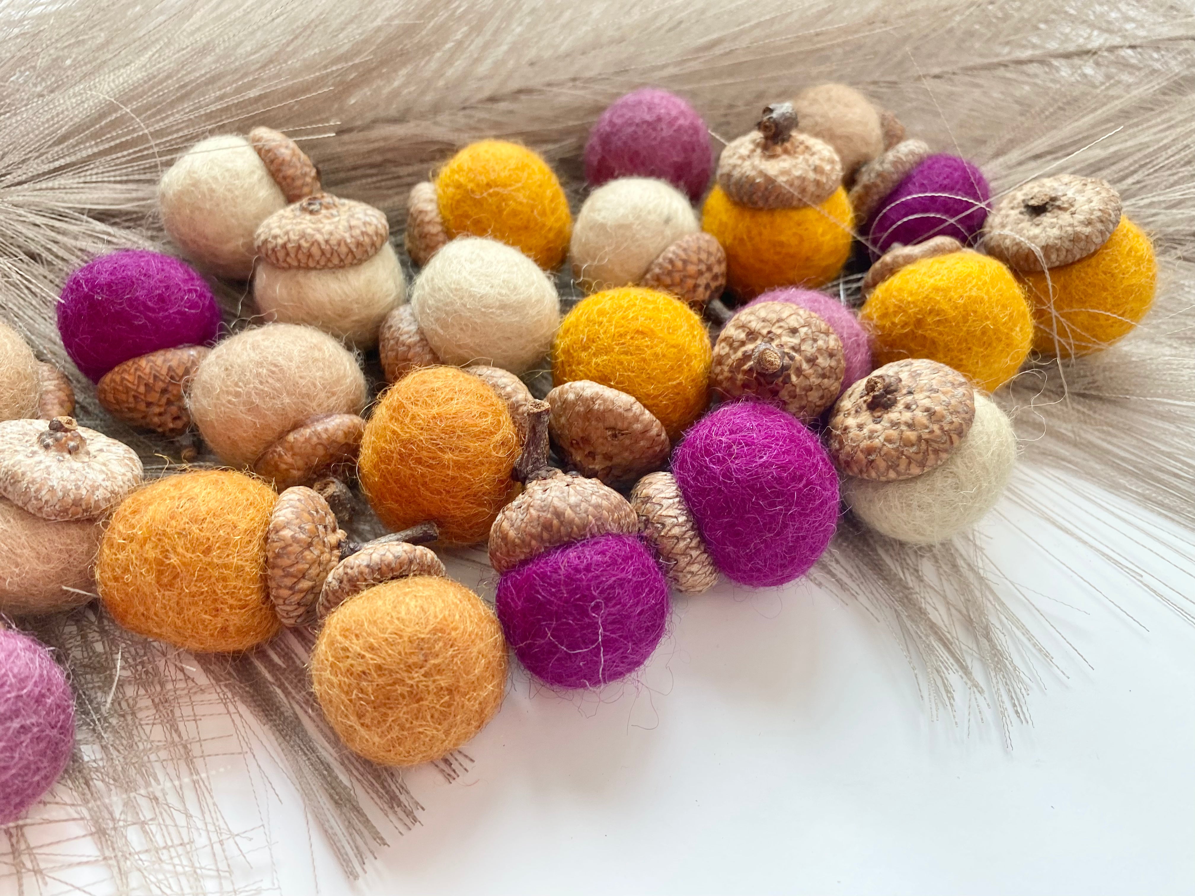 Vibrant Orange & Purple Wool Acorns - Handmade Fall Decor for Home, Crafts, and Seasonal Displays