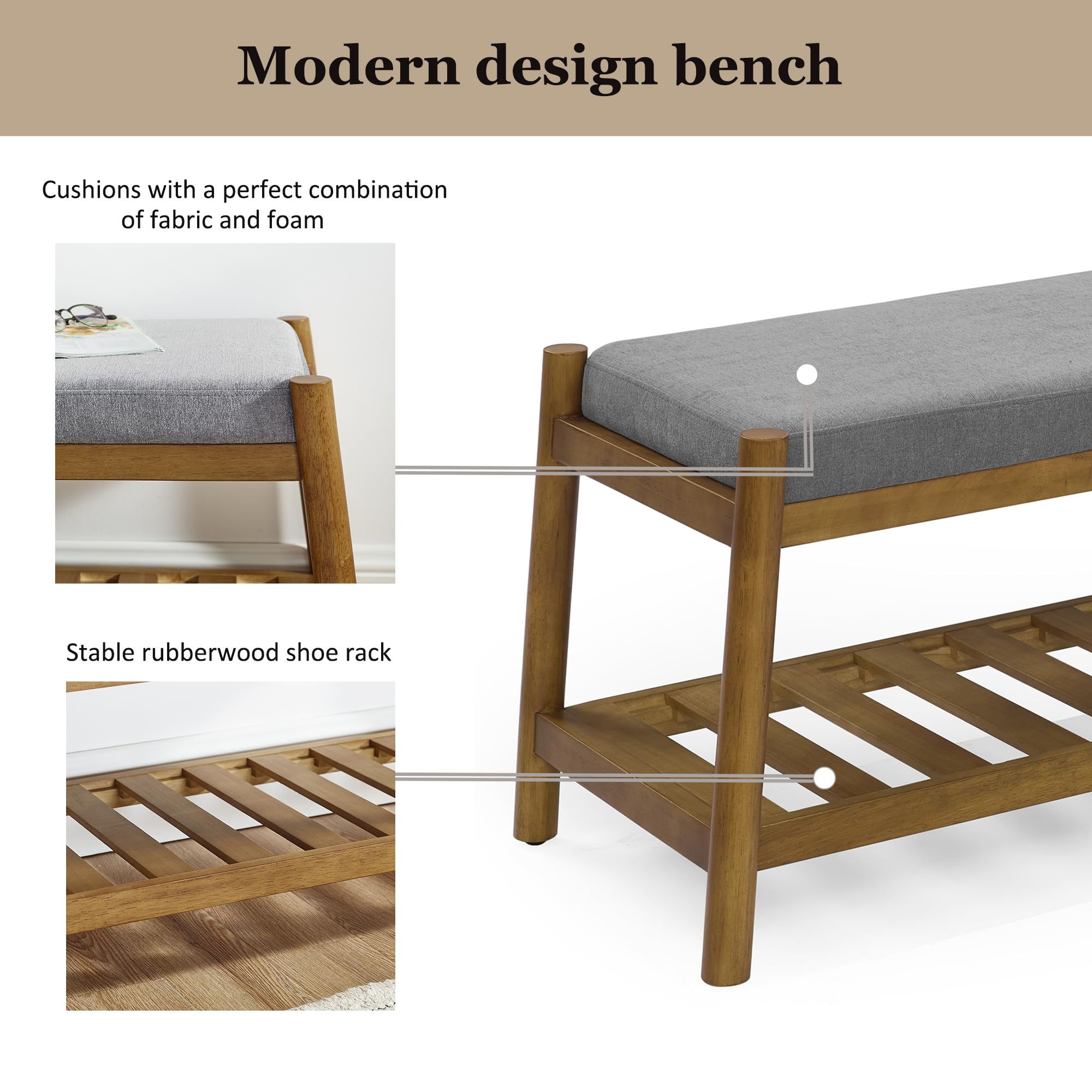 Upholstered Entryway Bench with Padded Seat - Fabric Rubber Wood Indoor Bench for Bedroom, Living Room, Kitchen & Dining - Grey - Perfect for Hallway Seating, Bed End Decor & Extra Dining Seating