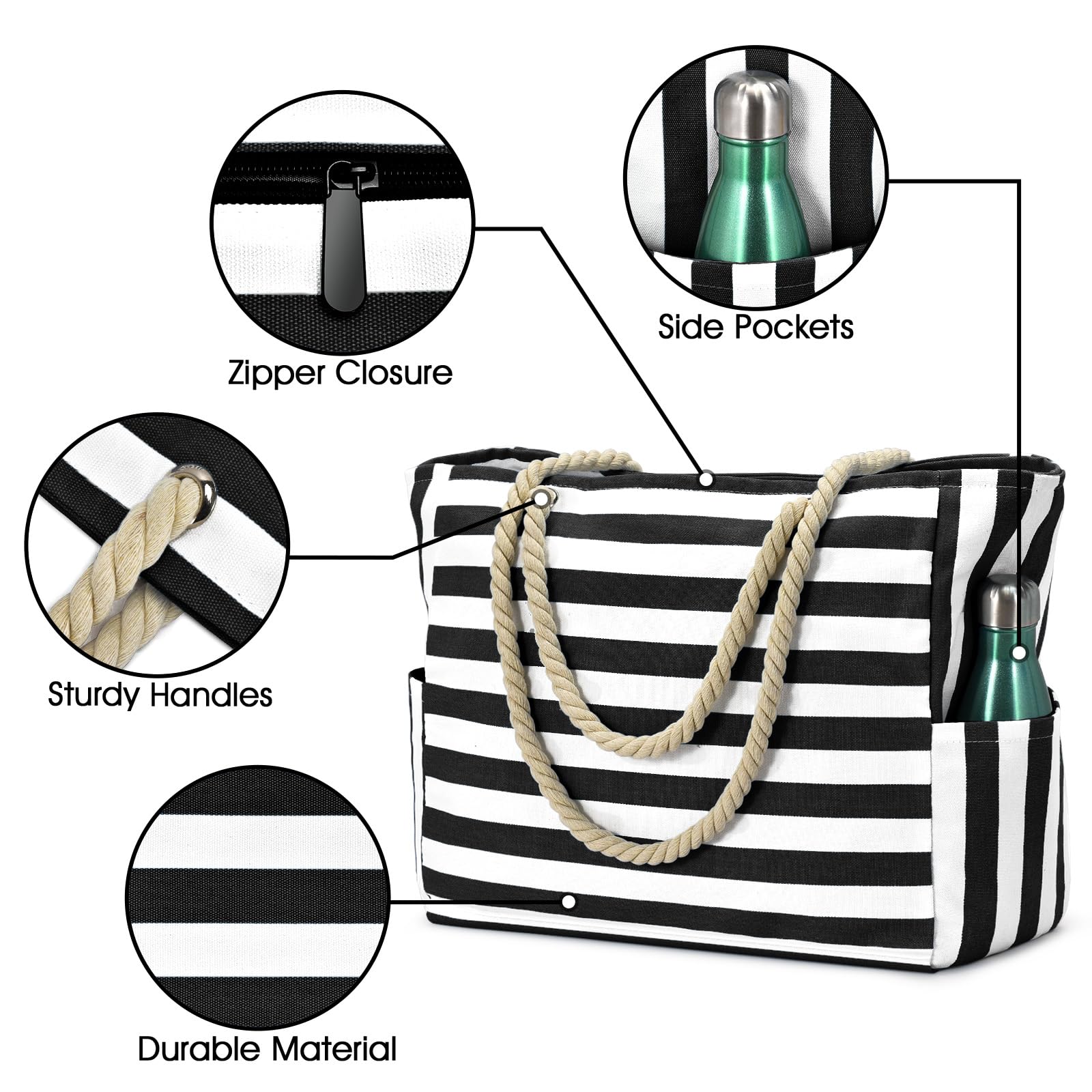 Becokan Large Waterproof Canvas Beach Tote Bag for Women - Swim Pool Bag with Zipper, Travel Essentials for Vacation, Summer Outings & Beach Trips