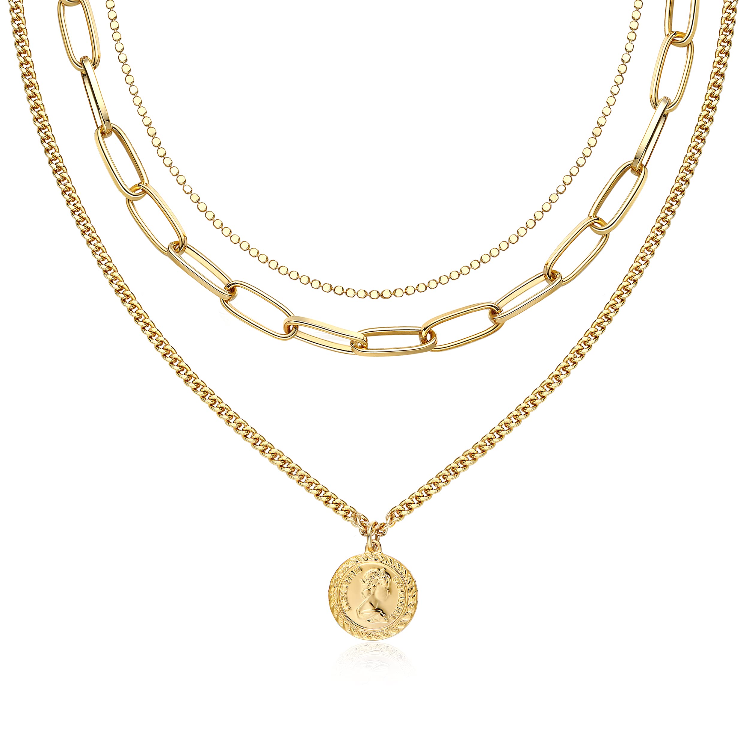 ACC PLANET 14K Gold Plated Coin Cross Pendant Necklace for Women - Chunky Chain Layered Choker Jewelry for Everyday Wear, Gift Giving & Special Occasions