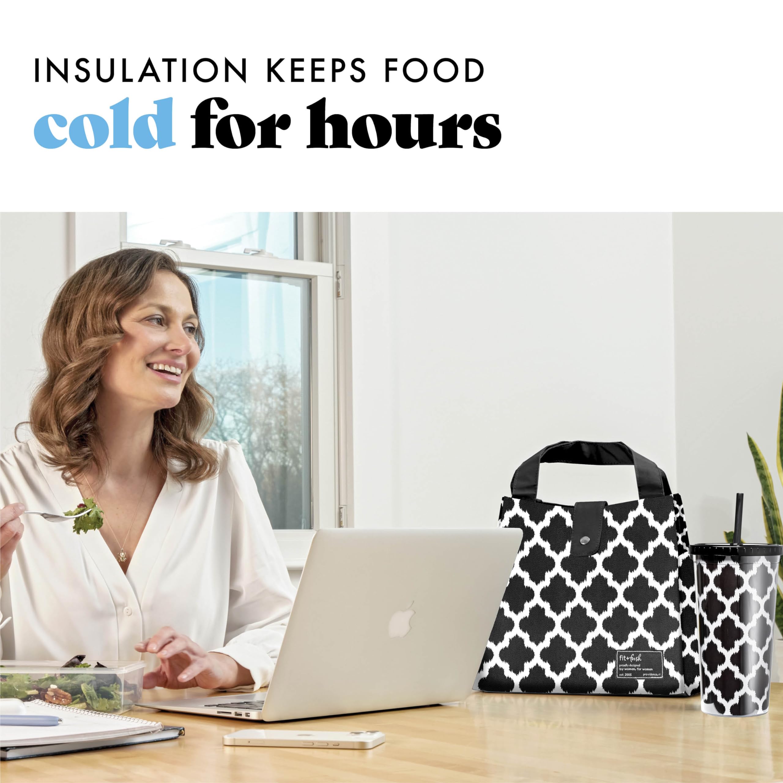 Fit & Fresh Insulated Lunch Bag for Women - Leakproof, Stain-Resistant Large Lunch Box with Containers & Matching Tumbler - Perfect for Work, Office, School & Picnics - Westport Bag in Black/White