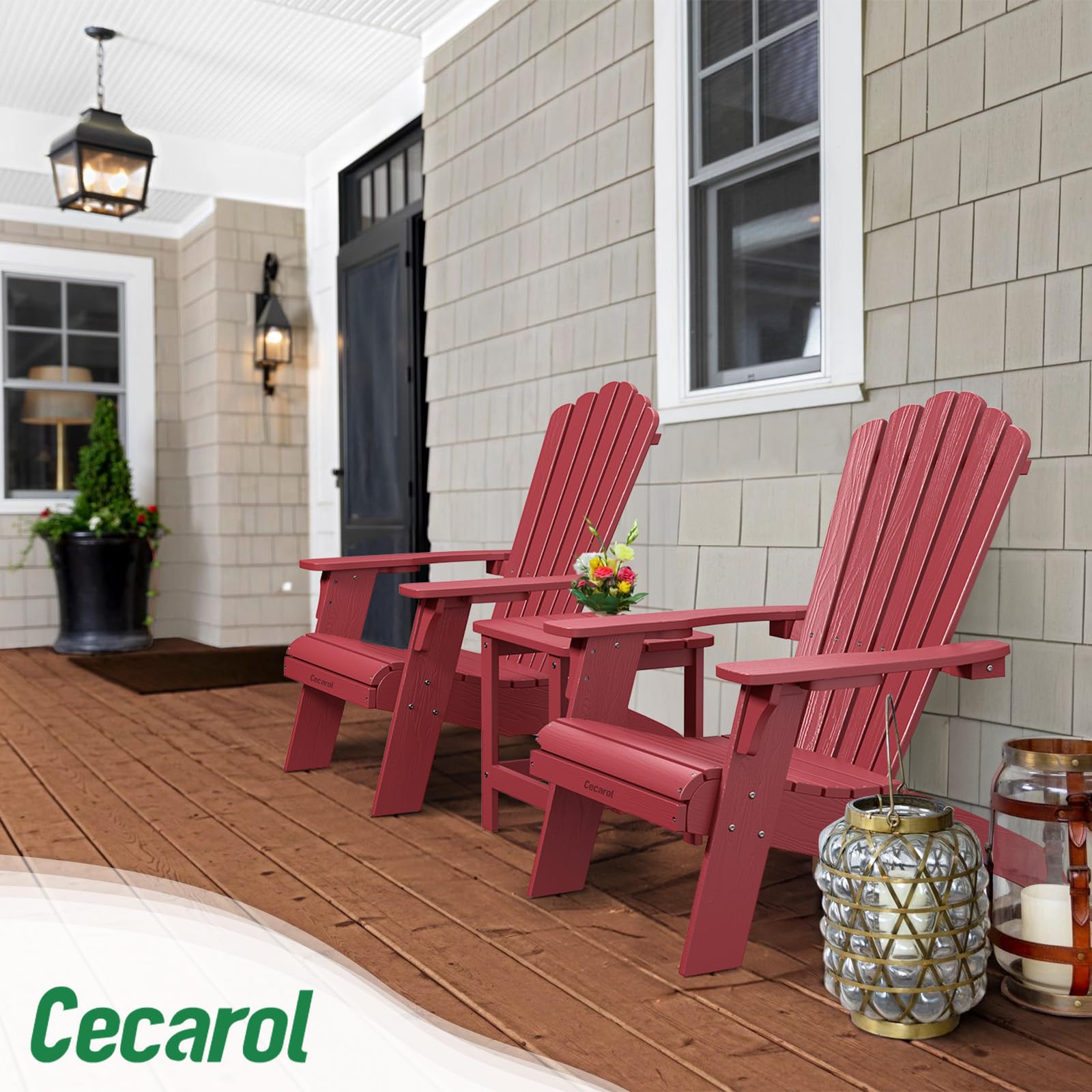 **Cecarol Oversized Adirondack Chair - Weather-Resistant Plastic Outdoor Fire Pit Chair with Cup Holder for Patio, Lawn, Garden & Porch - Wood Grain Red (AC01) - Perfect for Relaxing by the Fire or Enjoying Outdoor Gatherings**