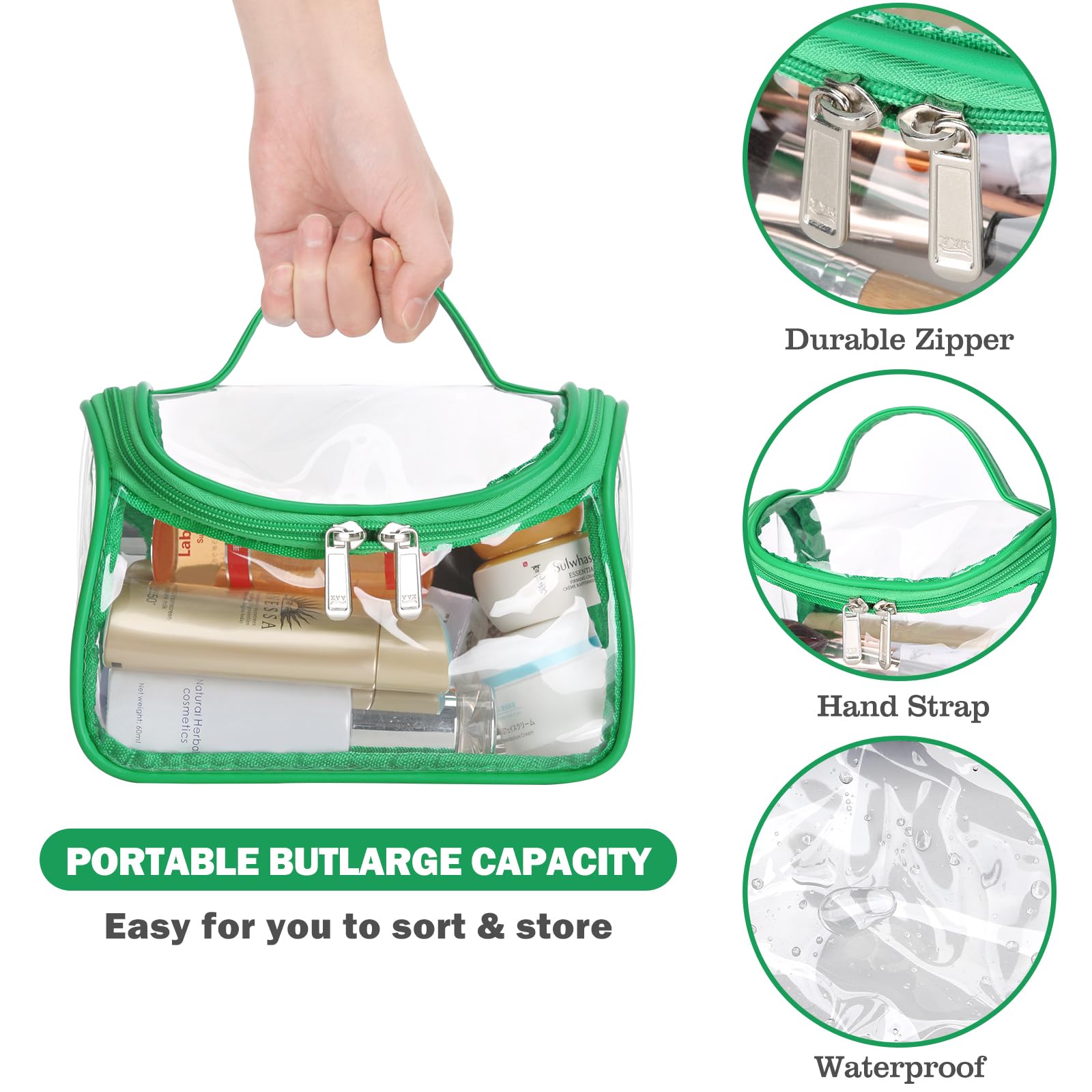 HAOGUAGUA Heavy Duty Clear Cosmetic Bag - Waterproof Transparent Travel Makeup Toiletry Organizer (Green, 1 Pack) | Perfect for Air Travel, Gym Essentials & Daily Beauty Storage