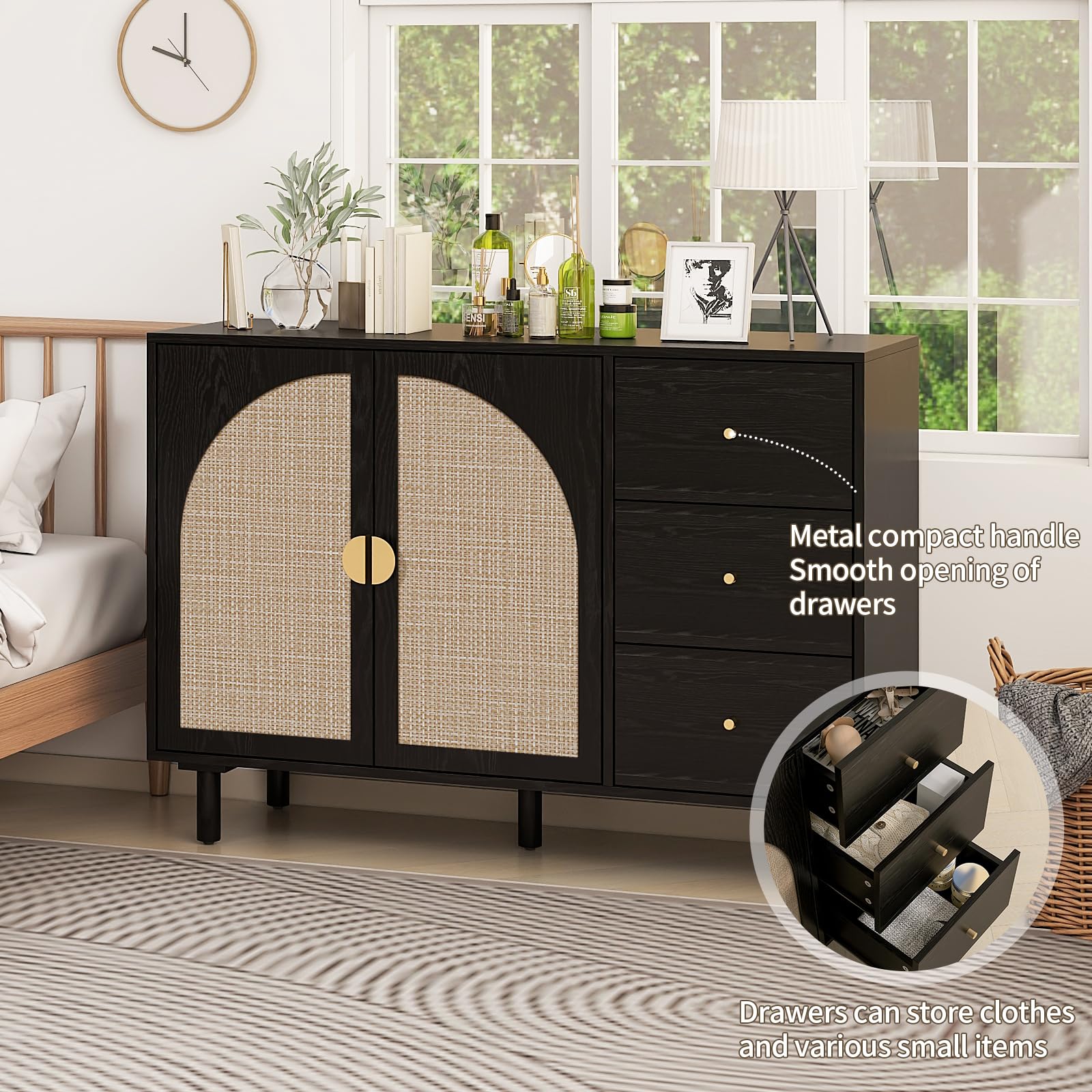 Modern Rattan Sideboard Buffet Cabinet with 2 Doors & 3 Drawers - Adjustable Shelves Storage Console for Living Room, Kitchen, Dining Room - Boho Chic Home Decor Accent Furniture (Black) | Perfect for Entertaining, Displaying Decor & Organizing Dishes