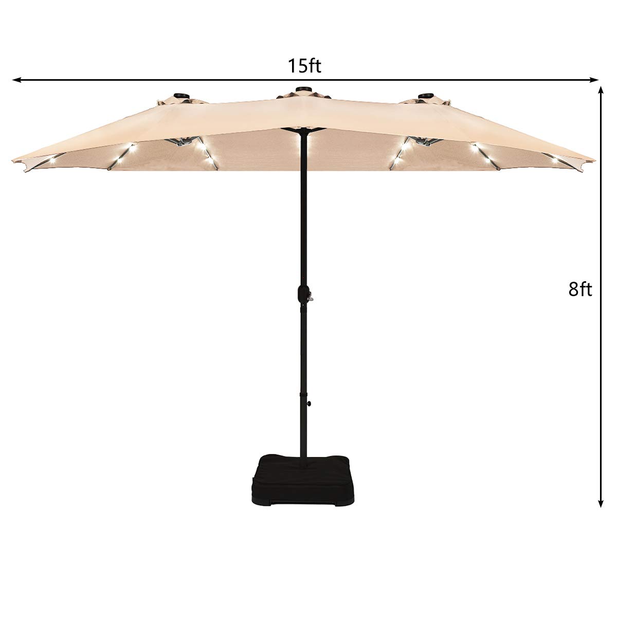 Tangkula 15 Ft Solar Powered LED Patio Umbrella - Double-Sided Outdoor Market Umbrella with 36 LED Lights, Crank Handle & Included Base - Perfect for Backyard, Poolside, and Outdoor Dining (Beige)
