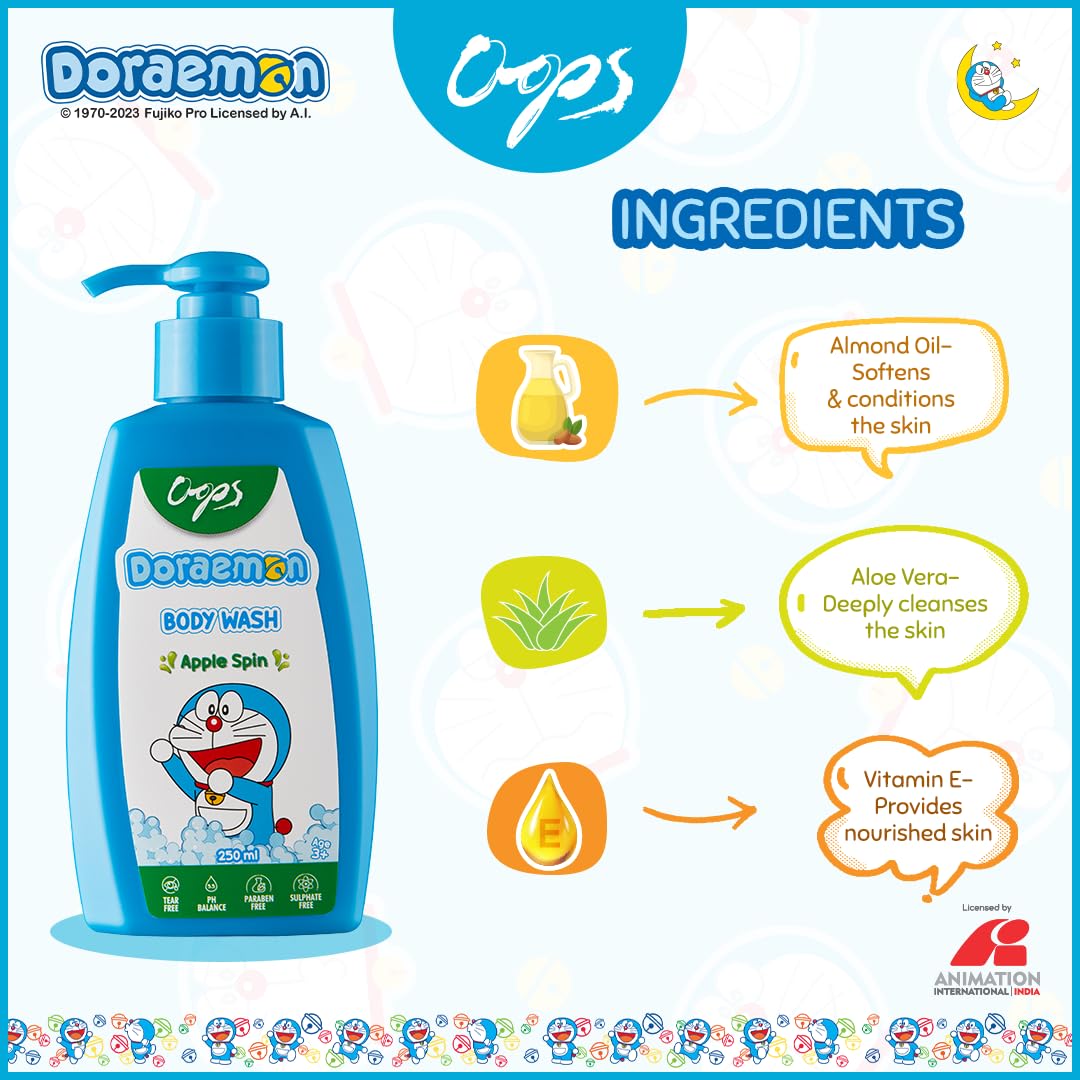 Doraemon Apple Spin Body Wash for Kids - 250ml (Pack of 2) | Gentle Cleansing Shower Gel with Fruity Scent | Perfect for Daily Bath Time & Gift for Anime Fans