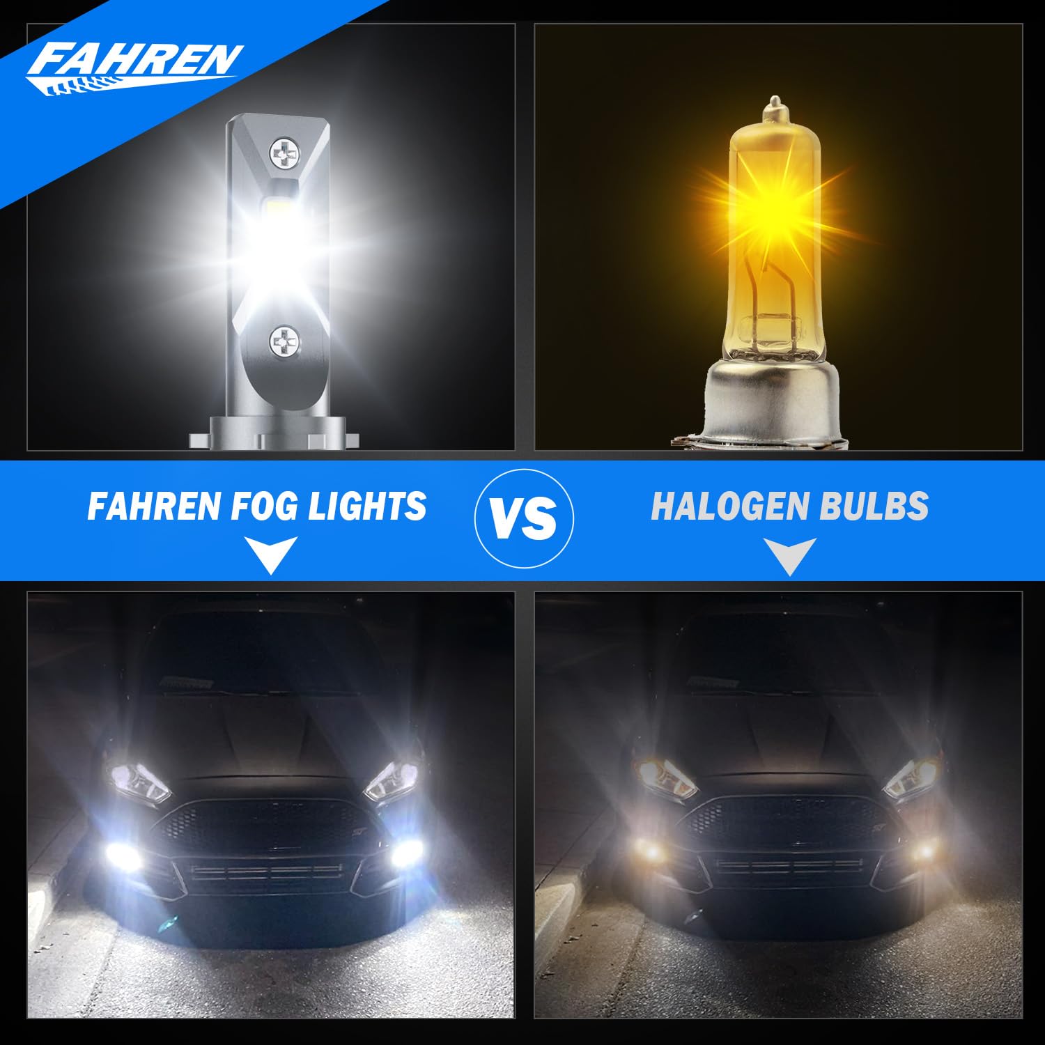 FAHREN 9012 LED Headlight Bulbs 26000LM 6500K Cool White - Super Bright HIR2 Fog Lights with Cooling Fan - Plug and Play IP68 Waterproof - Pack of 2 - Perfect for Night Driving, Off-Road & Bad Weather Conditions