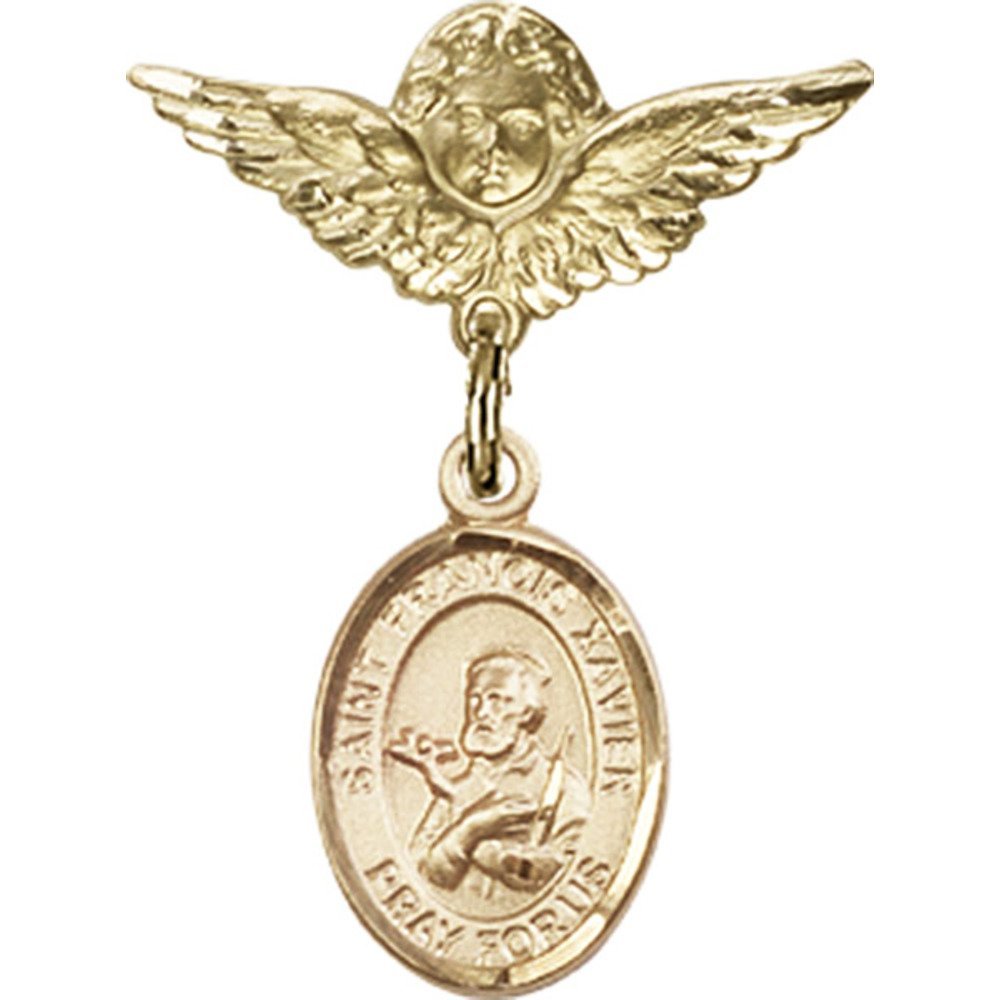 Gold Filled St. Francis Xavier & Angel Wing Charm Badge Pin - 1