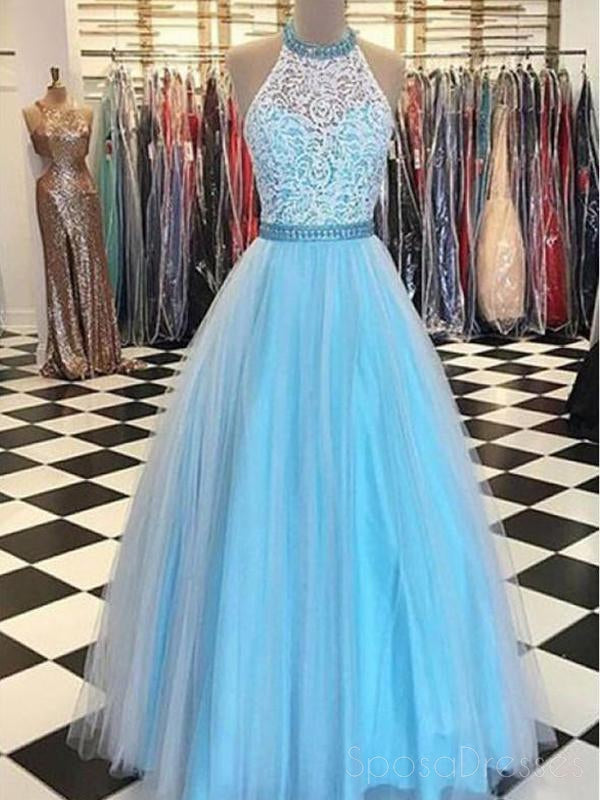 2018 Blue Lace Halter A-Line Long Evening Prom Dresses for Women - Elegant Formal Gown for Homecoming, Wedding Guest & Special Occasions