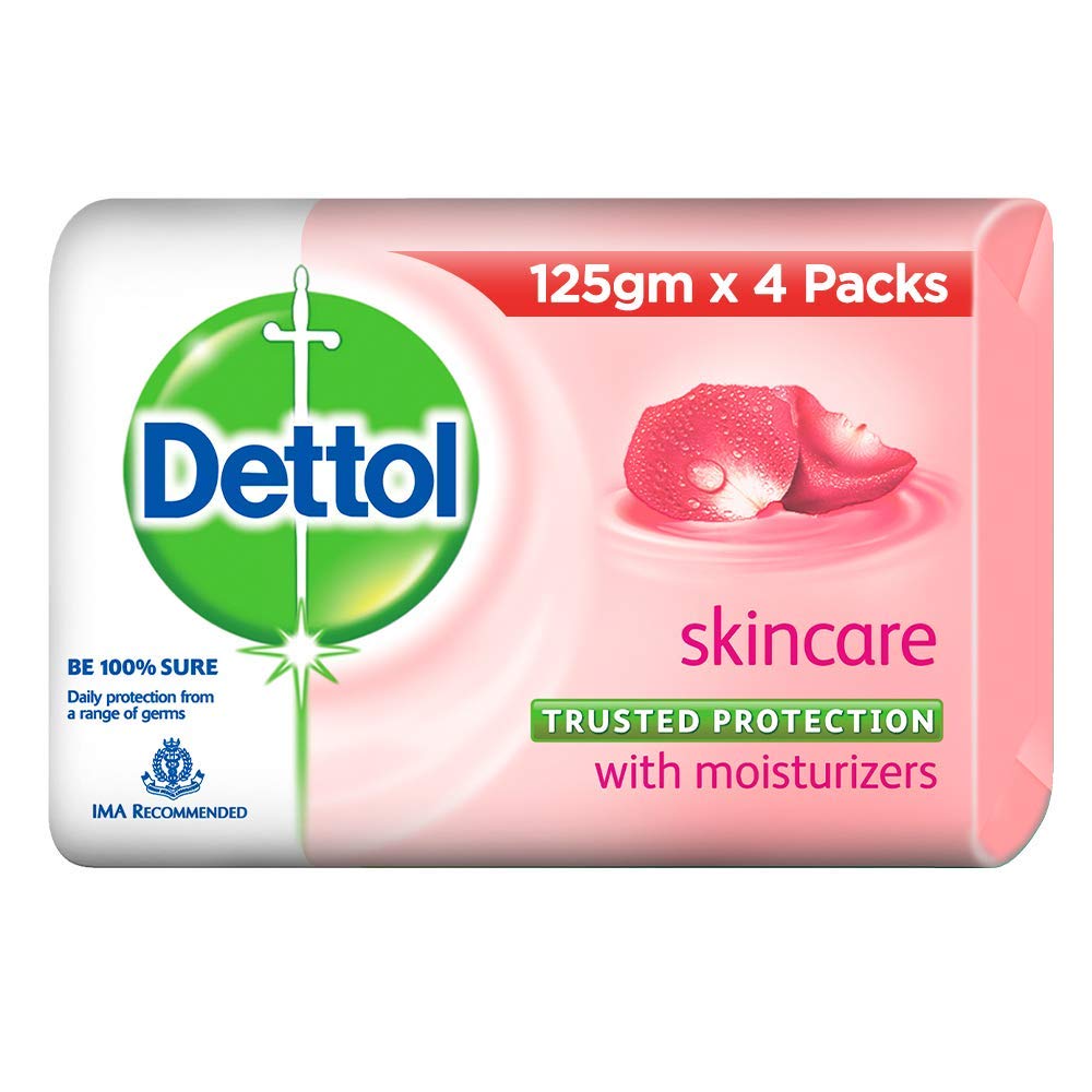 Dettol Antibacterial Skincare Soap Bar, 125g (4-Pack) - Gentle Cleansing for Sensitive Skin, Hand & Body Wash for Daily Hygiene & Germ Protection
