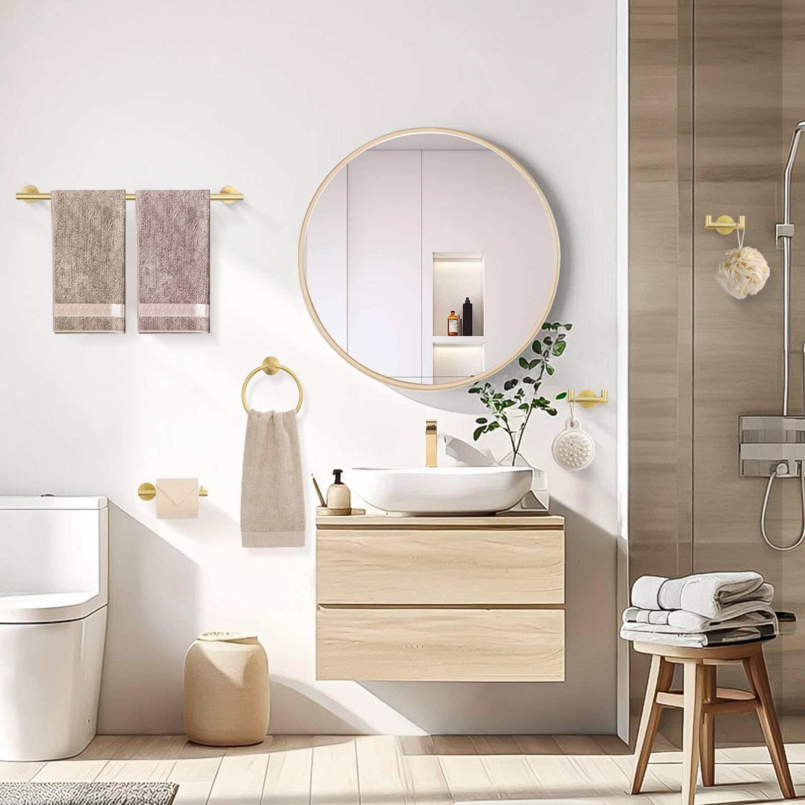 10-Piece Brushed Gold Bathroom Towel Bar Set - 23.6in Towel Bar, Toilet Paper Holder, Towel Rings & Hooks - Stainless Steel Wall-Mounted Bathroom Hardware for Modern Homes, Apartments & Luxury Hotels