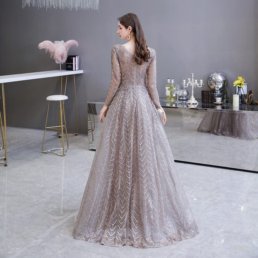 Elegant Long Sleeve Lace Evening Dress for Women - V Neck Crystal Beaded Formal Gown for Prom, Wedding, and Special Occasions