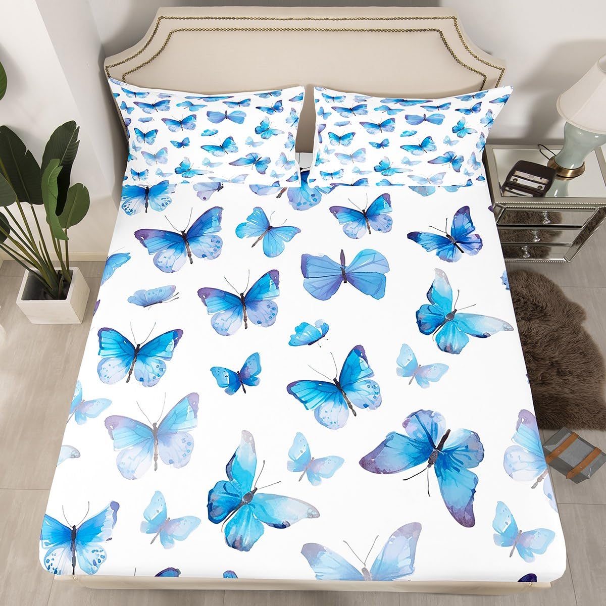 Erosebridal Butterfly Fitted Sheet Set for Women - Twin Size Watercolor Ombre Bedding with 1 Pillow Sham - Retro Country Butterfly Design for Bedroom Decor | Perfect for Guest Rooms, Dormitories & Bohemian Style Homes