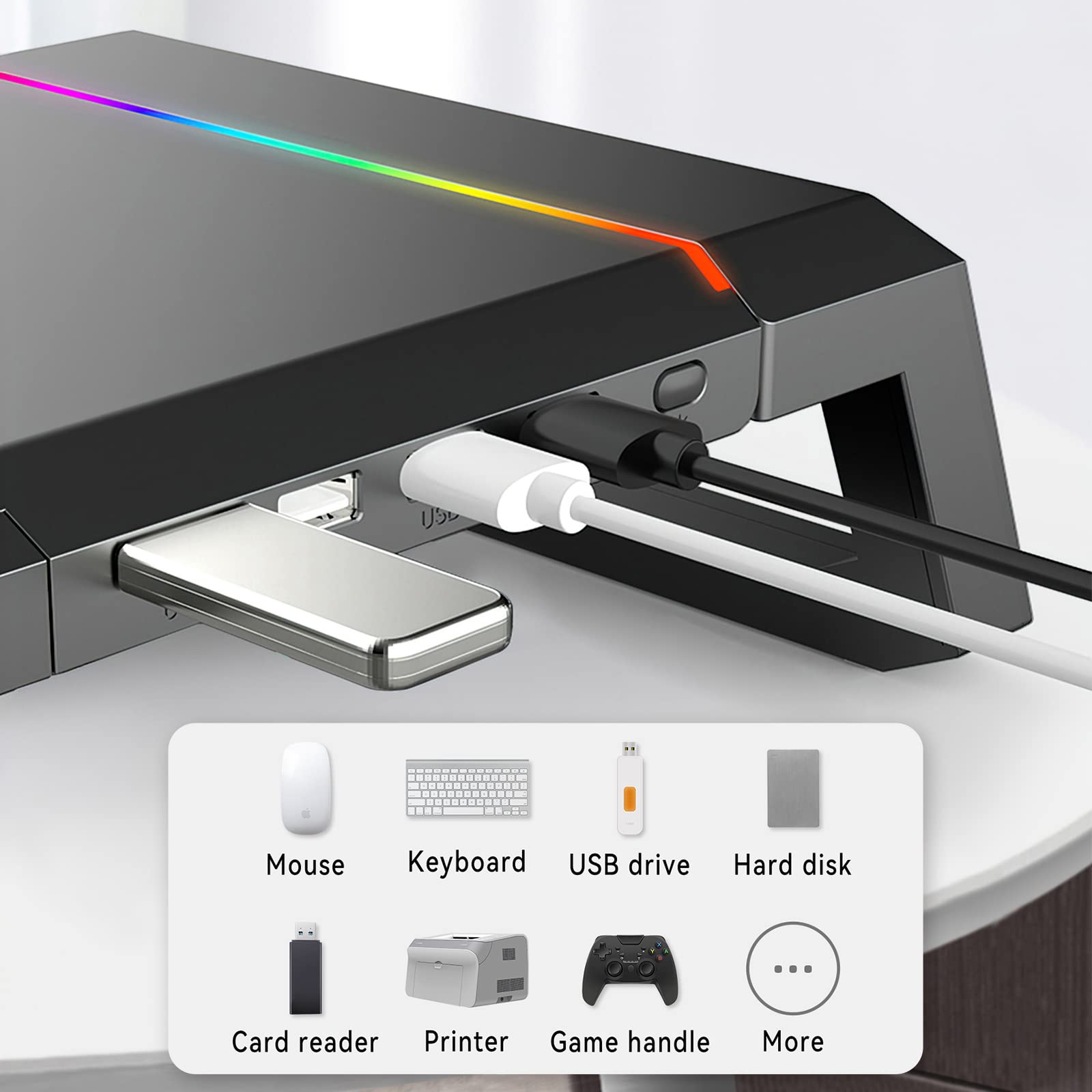KYOLLY RGB Gaming Monitor Stand with Storage Drawer & Phone Holder - USB 3.0/2.0 Hub, Adjustable Height - Perfect for PC Gaming Setup & Home Office Workspace