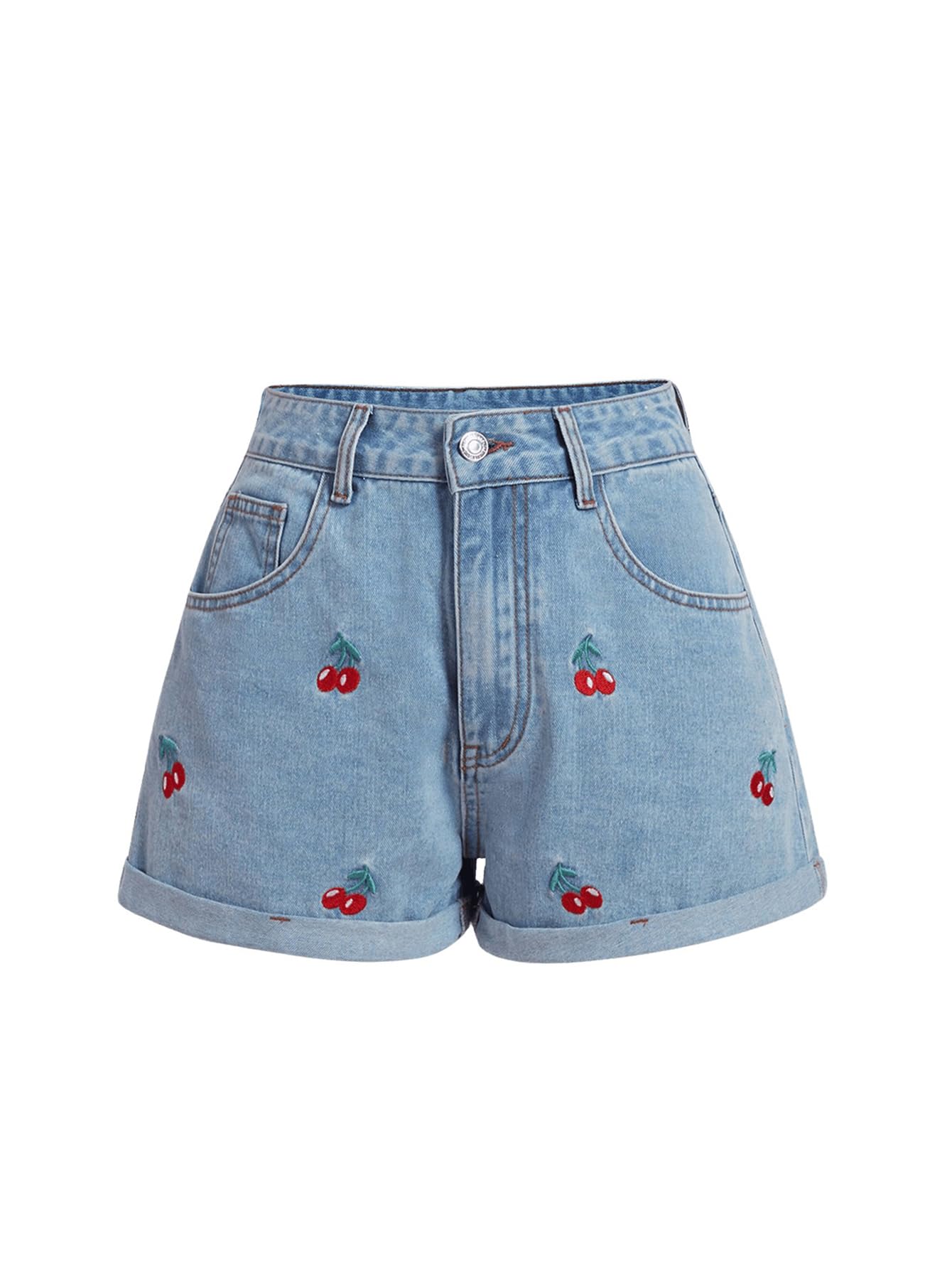 WDIRARA Women's High Waist Denim Shorts - Cherry Blossom Embroidery Design, Rolled Hem Distressed Jean Shorts for Summer | Casual Outfit, Beach Vacation, Streetwear Fashion