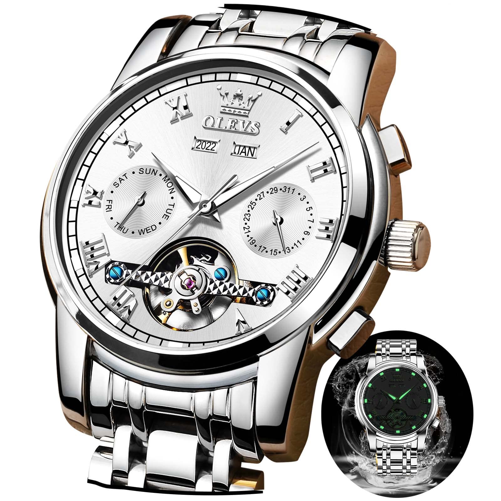 OLEVS Automatic Self-Winding Men's Watch with Date & Day Calendar - Stainless Steel Skeleton Tourbillon Watch - No Battery Needed, Waterproof - Perfect for Business, Casual & Formal Occasions