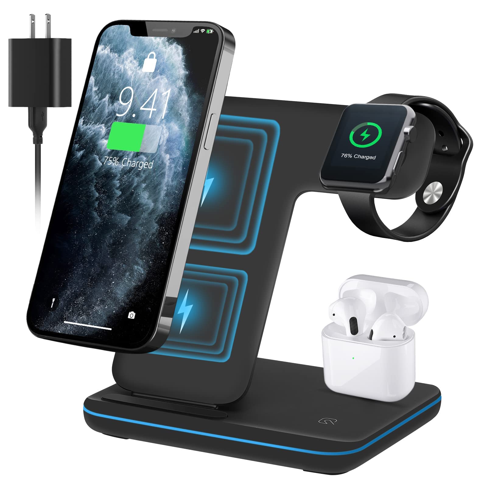 3-in-1 Fast Wireless Charging Station for iPhone 13/12/11/X/8, Apple Watch Series SE/7/6/5/4/3/2 & AirPods Pro/2 - Black | Multi-Device Charger for Home, Office & Travel