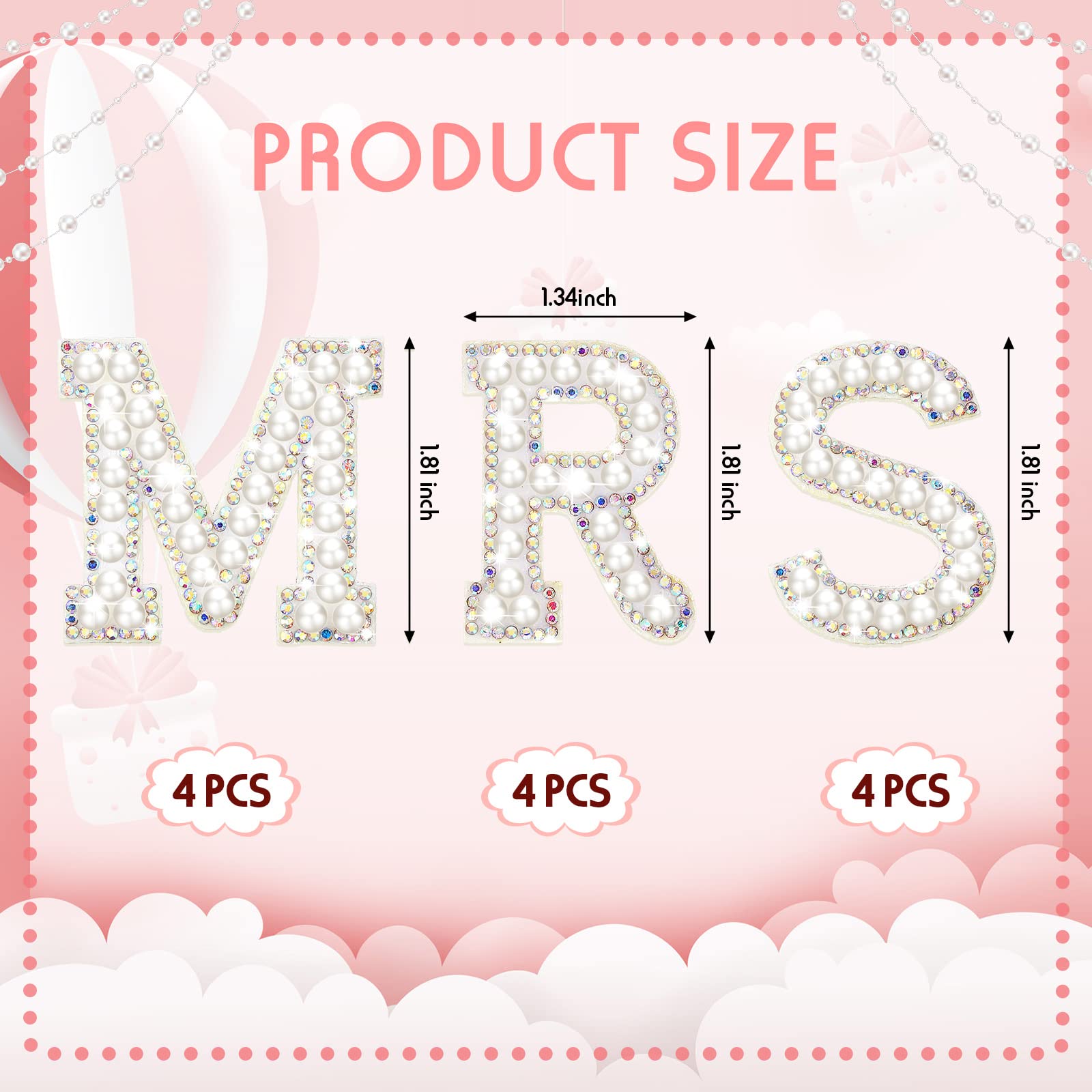 12 Pcs Pearl Letter Patches - Iron On Rhinestone Alphabet Appliques for Clothing, DIY Bride & Bridesmaid Outfits, Custom T-Shirts, Jeans & Fabric Decor - Perfect for Weddings, Parties & Crafting