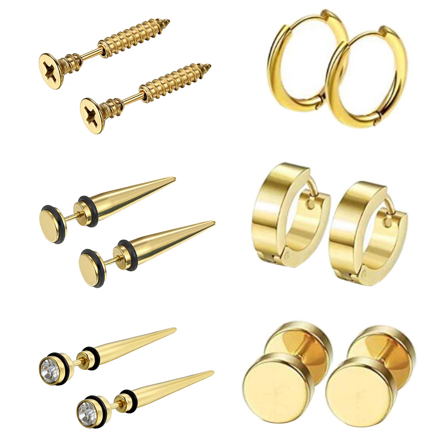Aroncent 6 Pairs Stainless Steel Small Hoop Earrings for Men & Women - Fake Gauges & Spike Earrings Set | Hypoallergenic, Lightweight & Durable | Perfect for Daily Wear, Parties & Gifts