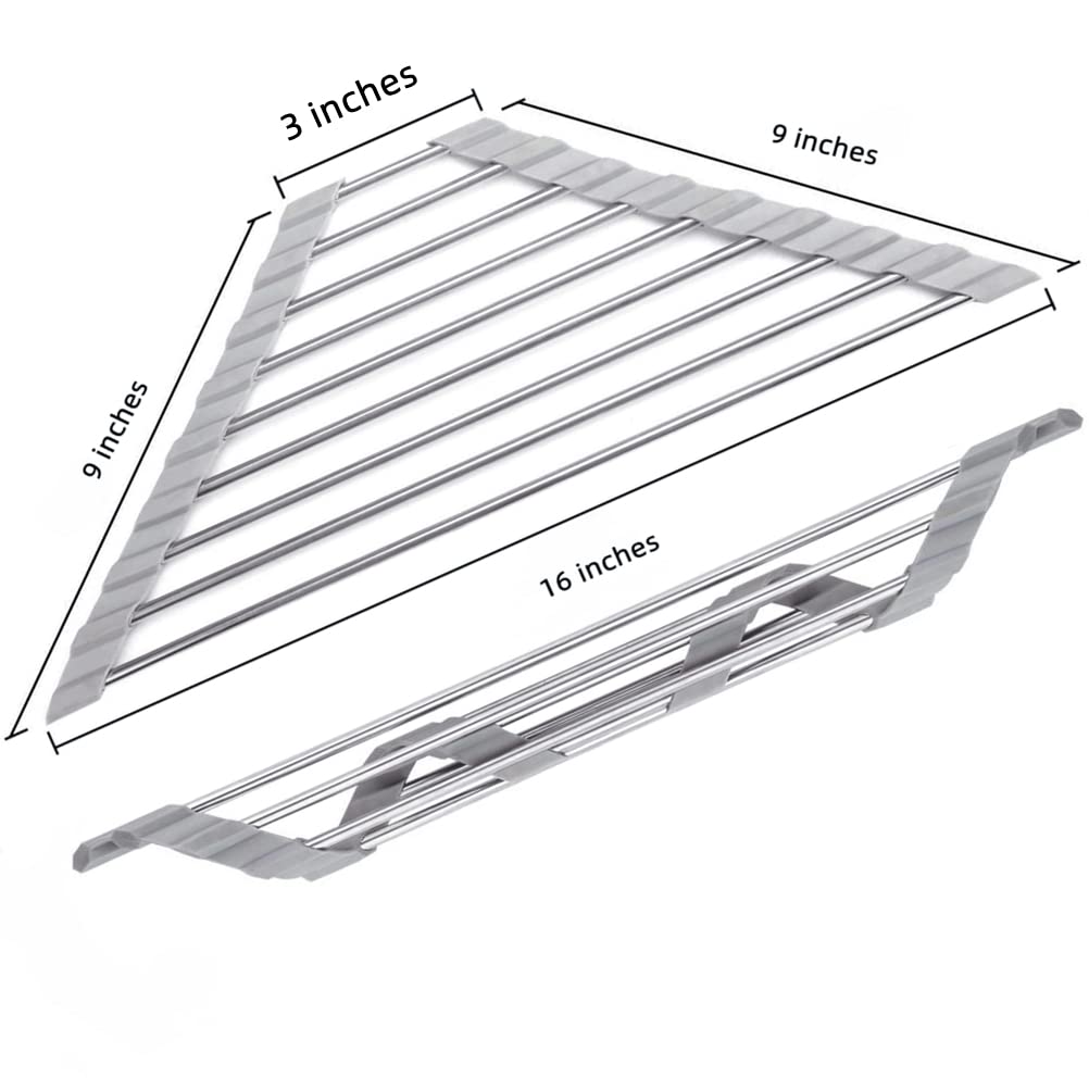 Stainless Steel Triangle Dish Drying Rack - Space Saving Over The Sink Corner Drainer Mat for Kitchen - Multipurpose Roll-up Drying Rack for Dishes, Utensils & Sponges - Perfect for Small Kitchens, Apartments & RVs (Black)