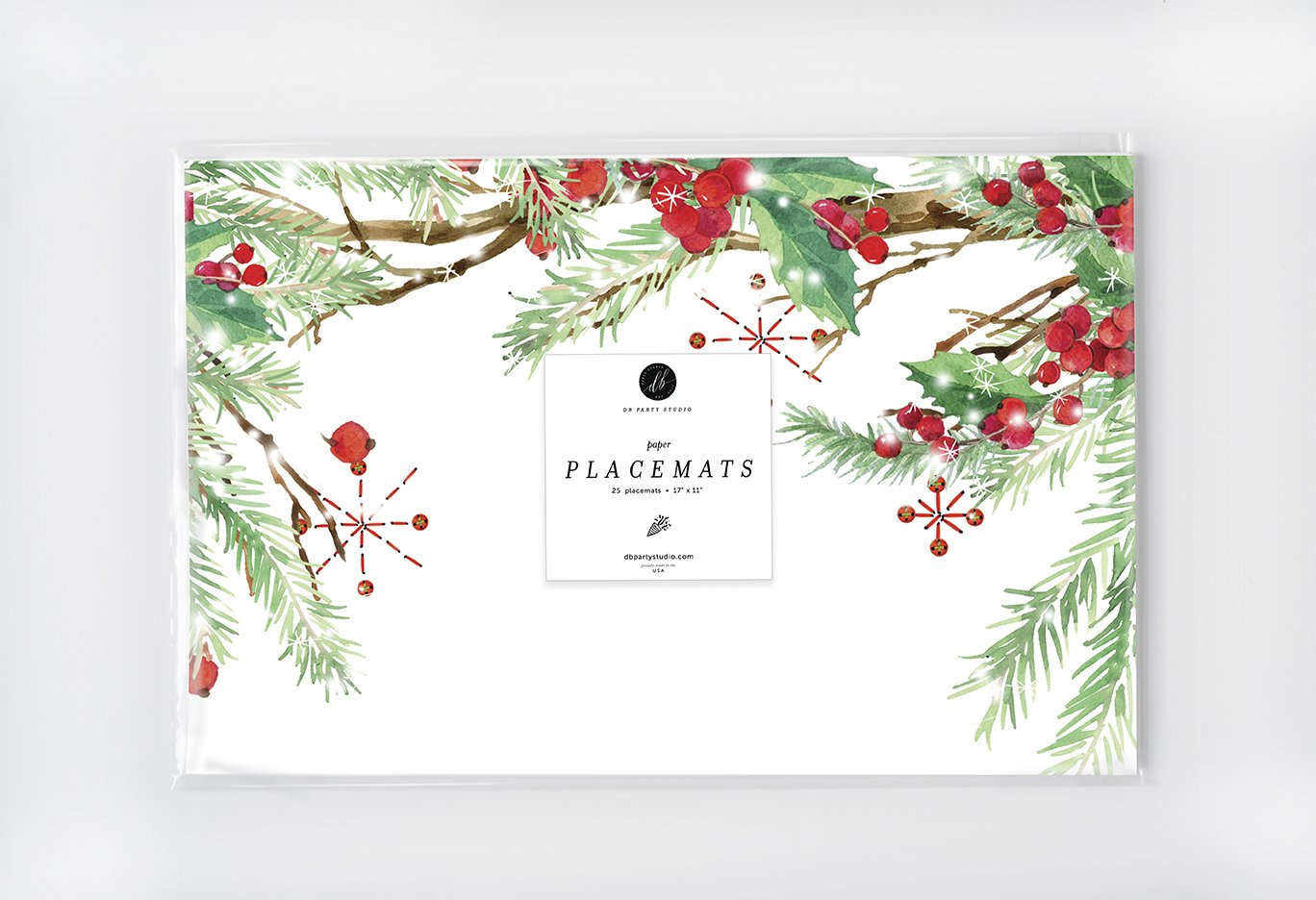 Christmas Disposable Table Placemats - Set of 25 Holiday Party Paper Place Mats (17x11 Inches, Holly Evergreen Design) for Xmas Dining, Family Gatherings & Festive Decorations