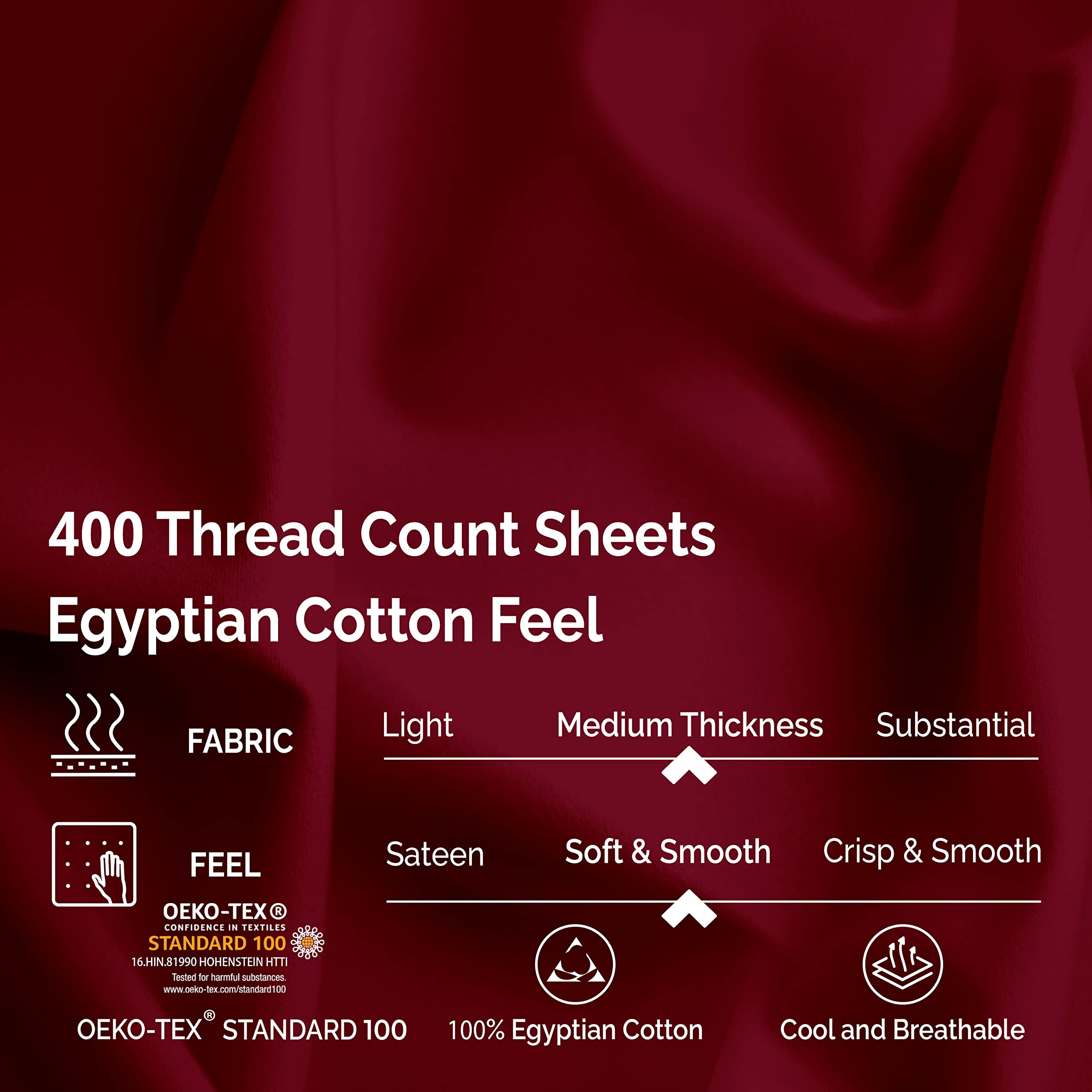 Premium 400 Thread Count Egyptian Cotton Bed Sheet Set - 1 Deep Pocket Fitted Sheet, 1 Flat Sheet & 2 Pillowcases - Ultra Soft Luxury Sateen Weave Bedding - Olympic Queen Size Burgundy - Perfect for Master Bedrooms, Guest Rooms & Luxury Hotels