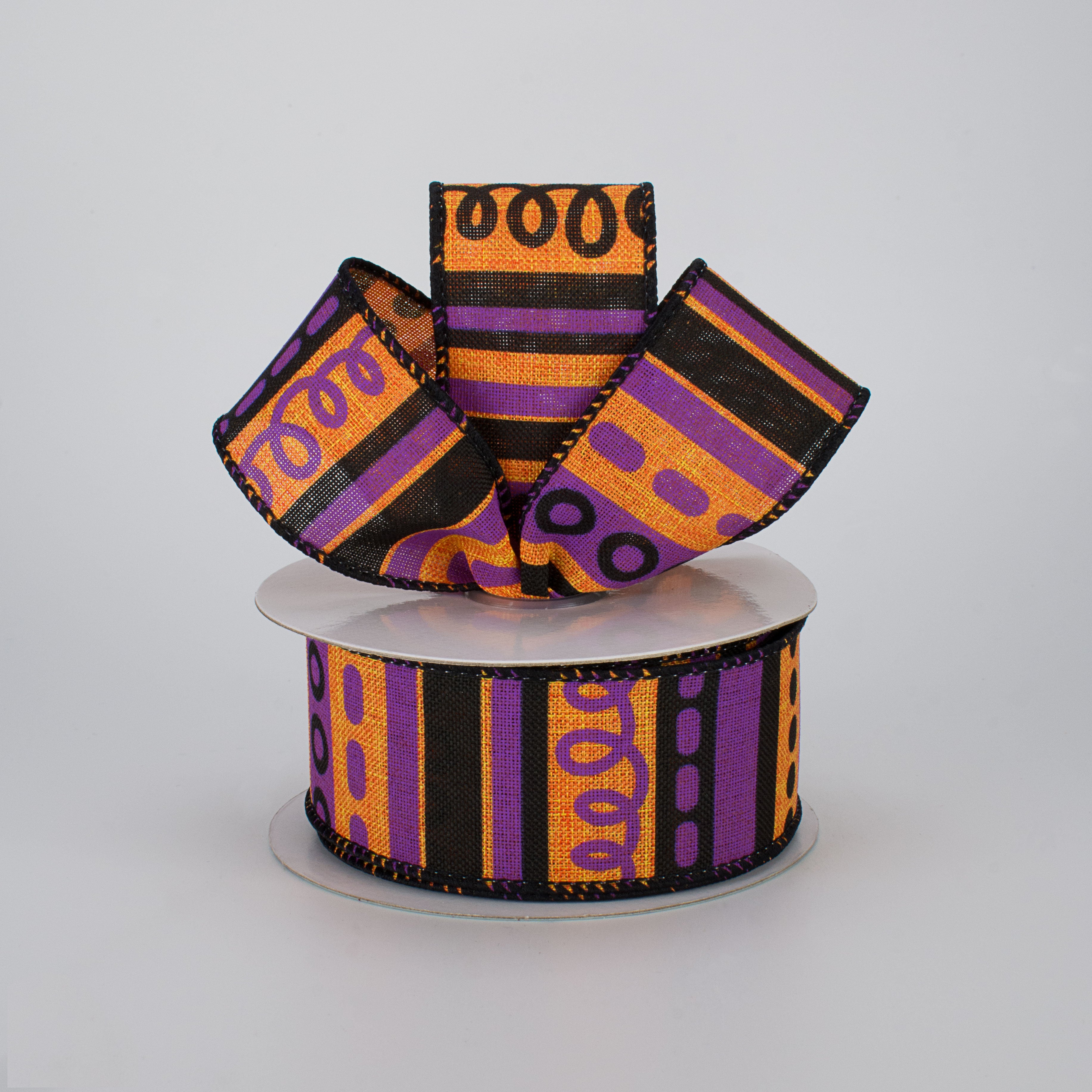 1.5 Inch Royal Canvas Loopy Stripes Ribbon - Orange, Black & Purple (10 Yards) for Gift Wrapping, DIY Crafts, Hair Bows & Party Decorations
