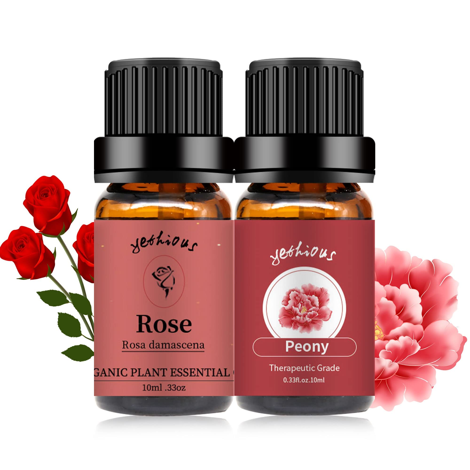 Organic Yethious Rose & Peony Essential Oil Set - 2 x 10ml Pure Flower Extracts for Aromatherapy Diffusers, Skincare, Soap & Candle Making - Perfect Gift for Relaxation & Home Spa