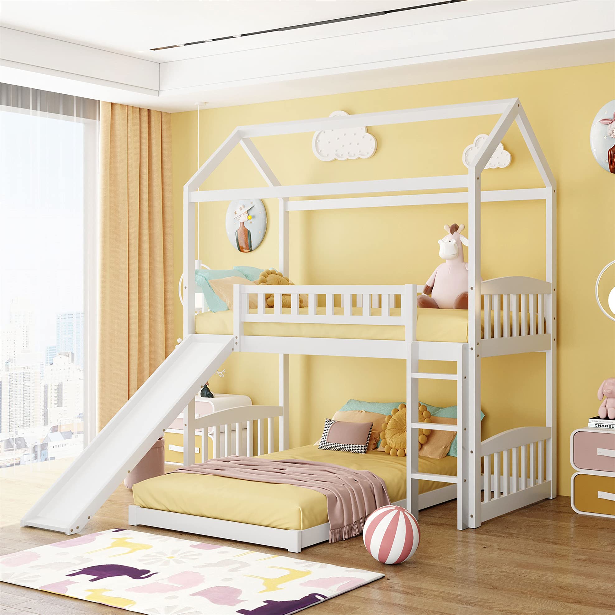 Twin Over Twin Bunk Bed with Slide - White Playhouse Bed for Kids & Toddlers | Fun & Safe Sleeping Solution for Boys & Girls | Perfect for Bedrooms, Playrooms & Small Spaces