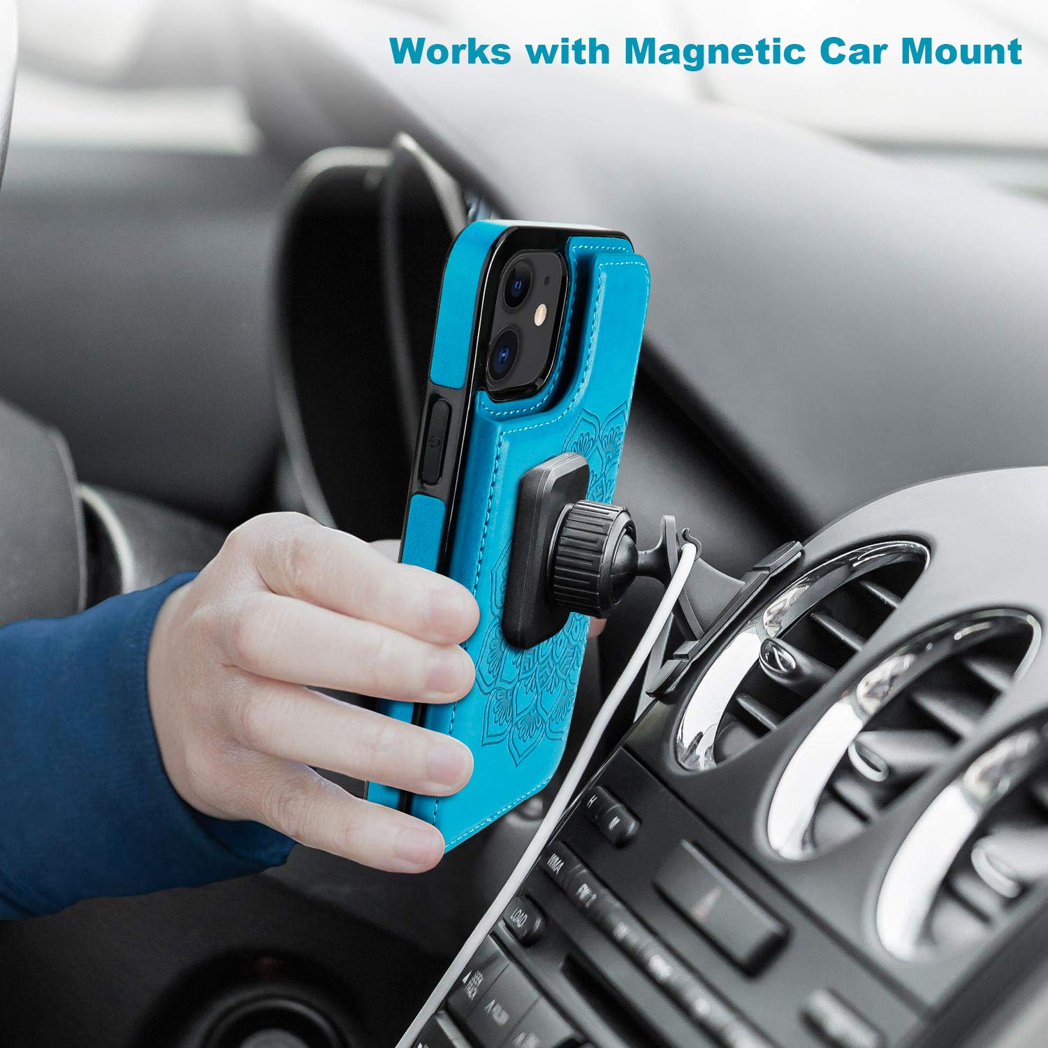 Vaburs iPhone 12 Mini Wallet Case with Card Holder - Embossed Mandala Flower PU Leather Cover with Magnetic Closure | Shockproof Flip Design for iPhone 12 Mini 5.4 Inch (Blue) | Perfect for Daily Use, Travel & Business Meetings