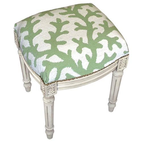 Green Needlepoint Coral Stool with White Wash Finish - 100% Wool Handmade Footstool | Perfect for Living Room, Bedroom & Boho Home Decor